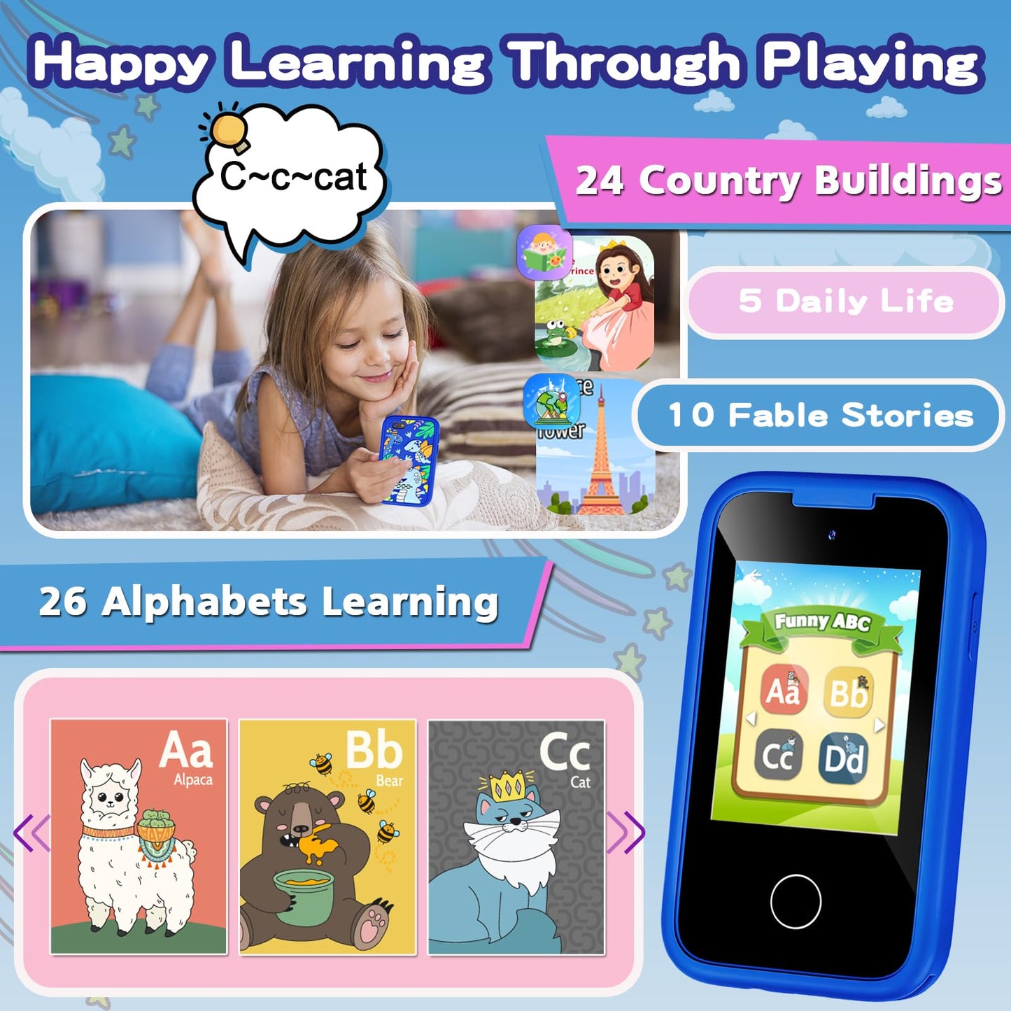 Luoba Kids Phone - 2.8" Touchscreen Toy with Dual Camera, 8GB, Blue