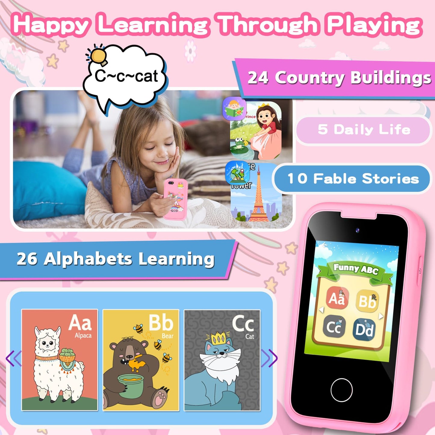 Luoba Kids Phone – Learning Toy with Dual Camera, 8GB Card, 13 Games (Pink)
