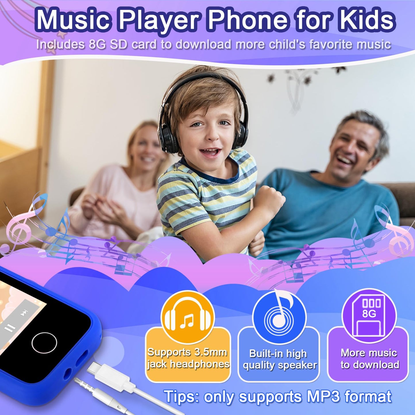 Luoba Kids Phone - 2.8" Touchscreen Toy with Dual Camera, 8GB, Blue
