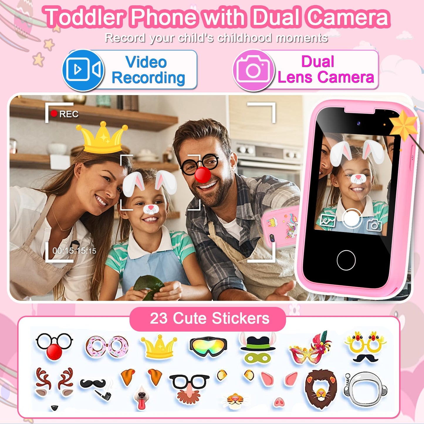 Luoba Kids Phone – Learning Toy with Dual Camera, 8GB Card, 13 Games (Pink)