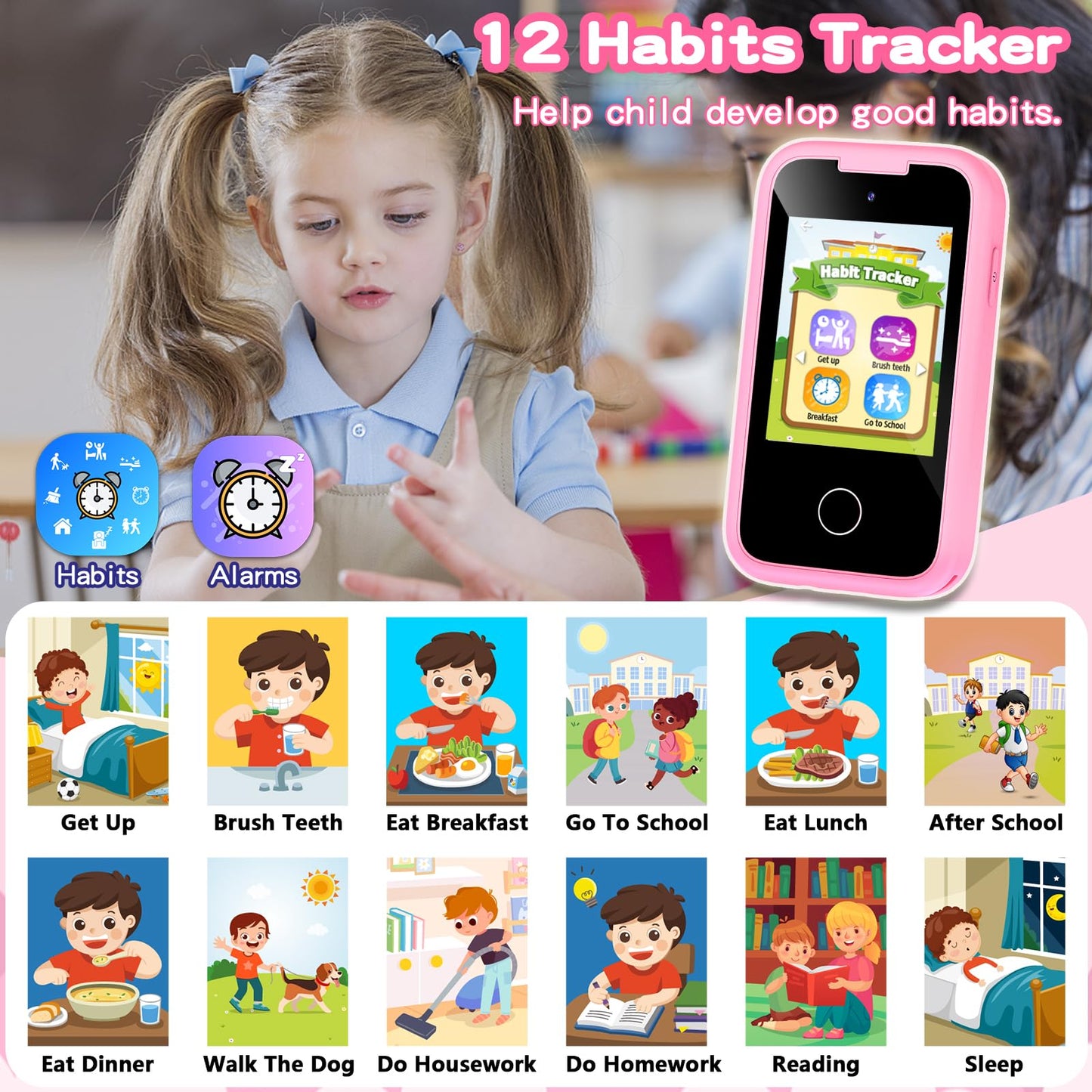 Luoba Kids Phone – Learning Toy with Dual Camera, 8GB Card, 13 Games (Pink)