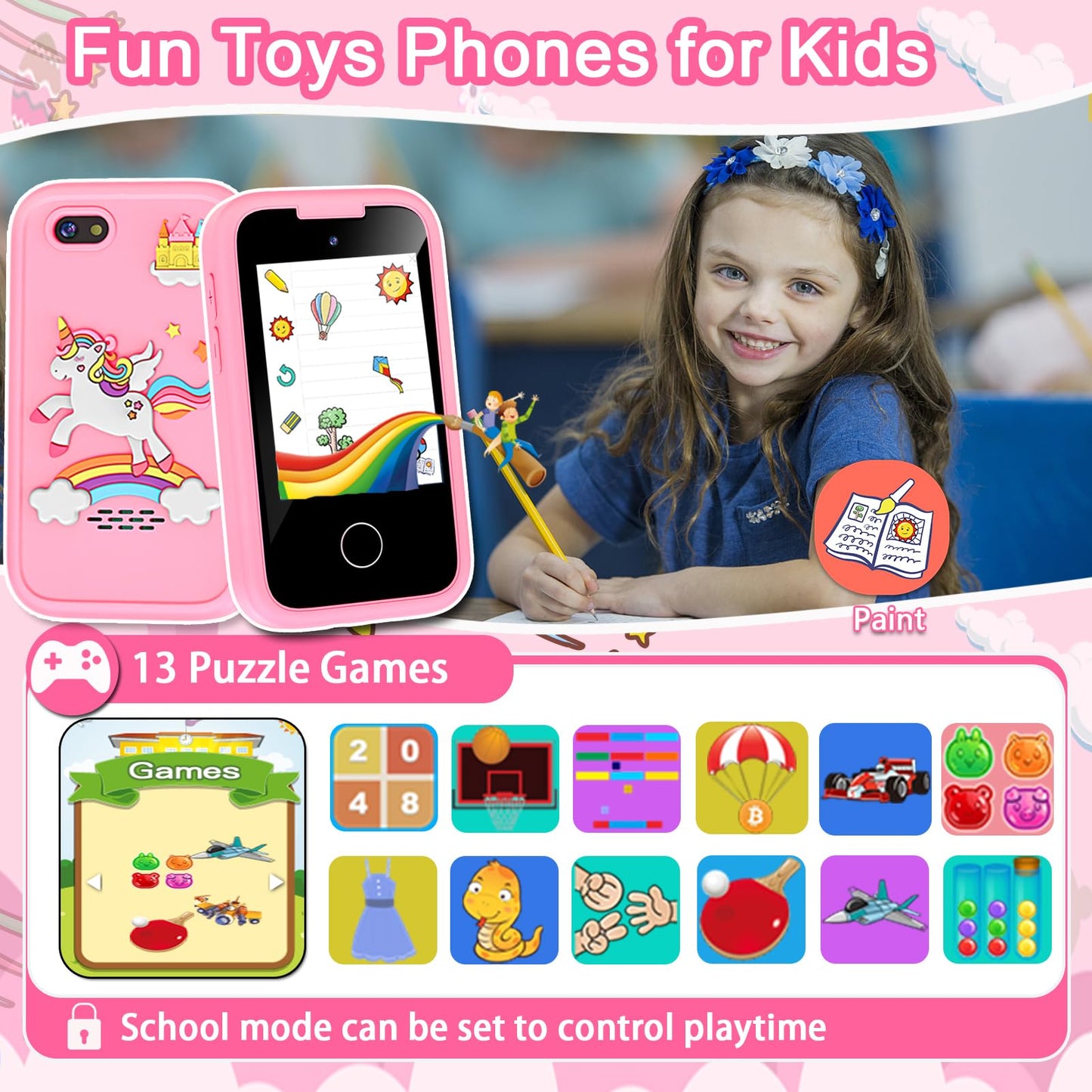 Luoba Kids Phone – Learning Toy with Dual Camera, 8GB Card, 13 Games (Pink)