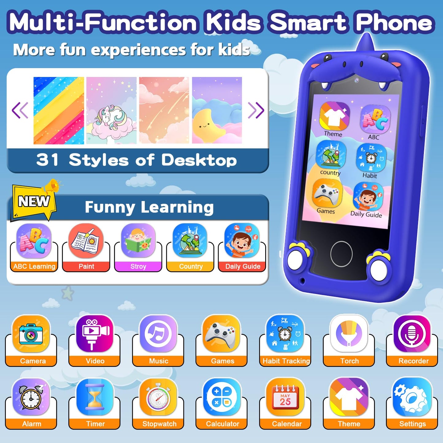 Luoba Kids Phone - Touchscreen Learning Smartphone for Ages 3-10 with Camera, Games & Music