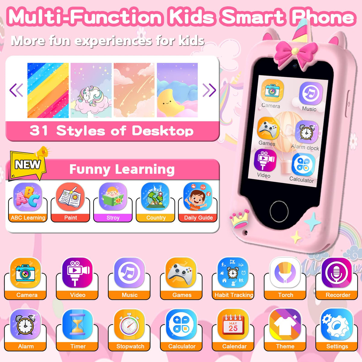 Luoba Kids Phone Toy – 2.8in Touchscreen Smartphone for Kids with Camera, Games & Music (8GB Card)