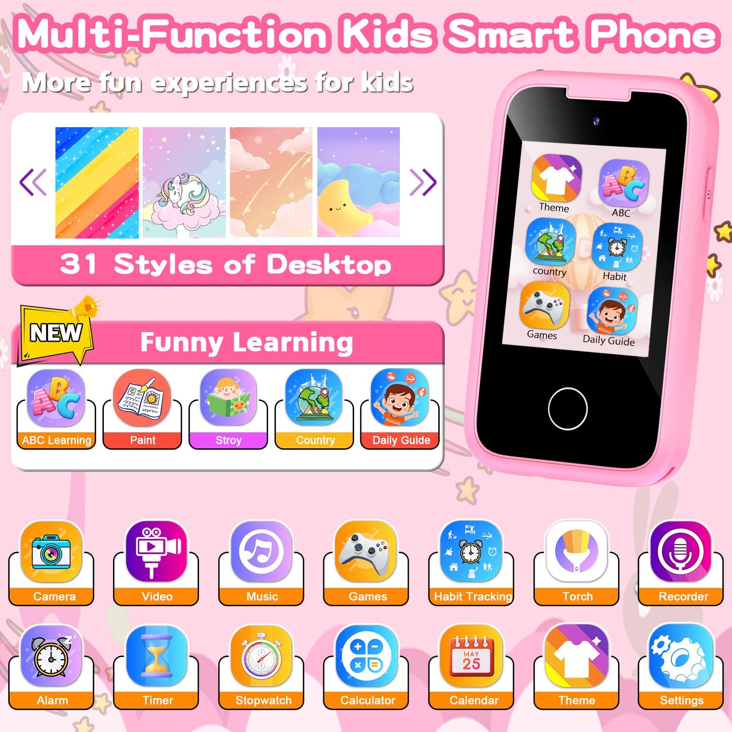 Luoba Kids Phone – Learning Toy with Dual Camera, 8GB Card, 13 Games (Pink)