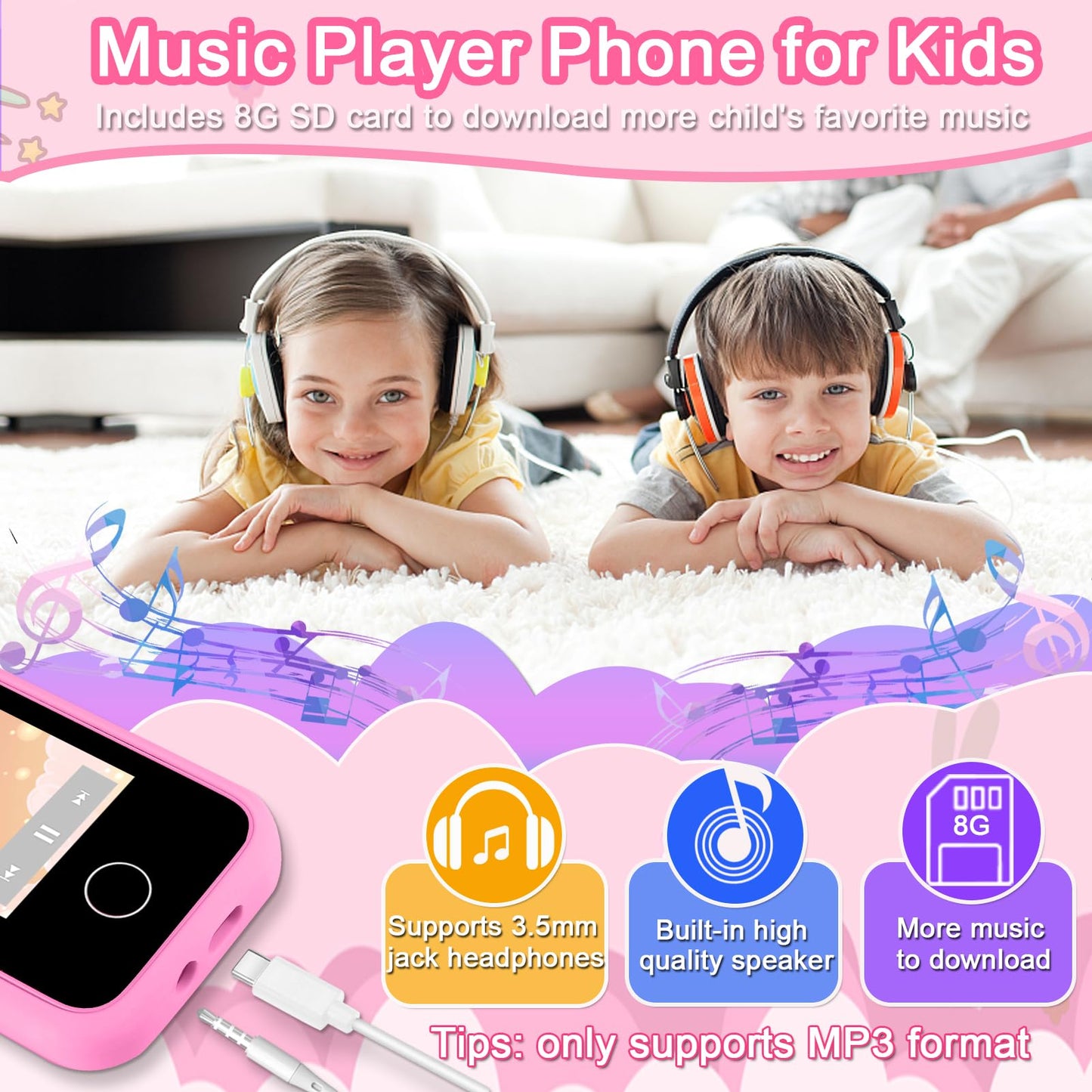 Luoba Kids Phone – Learning Toy with Dual Camera, 8GB Card, 13 Games (Pink)