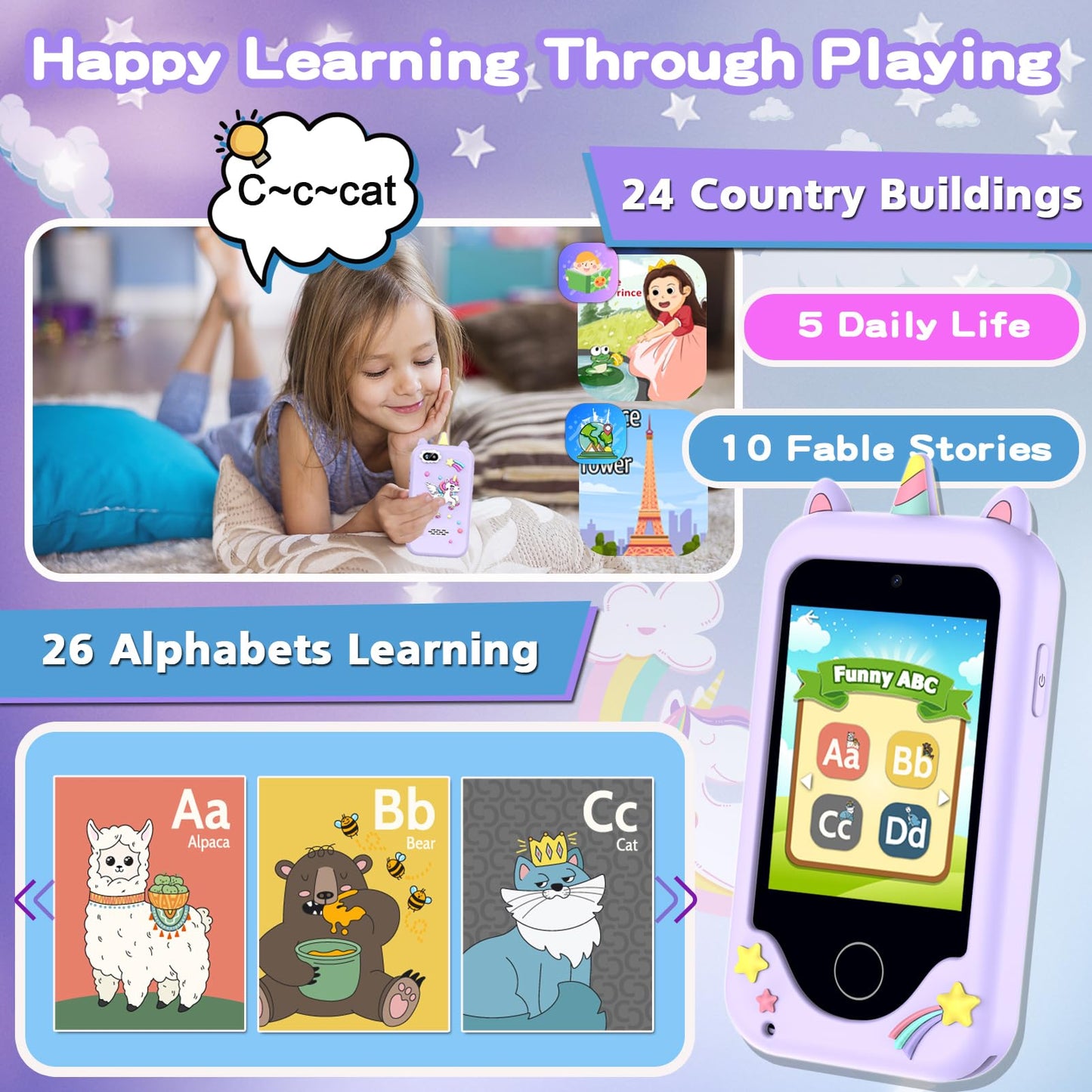 Luoba Kids Smart Phone Toy – 2.8-Inch Touchscreen, Dual Cameras, 8GB Card, Games & Music