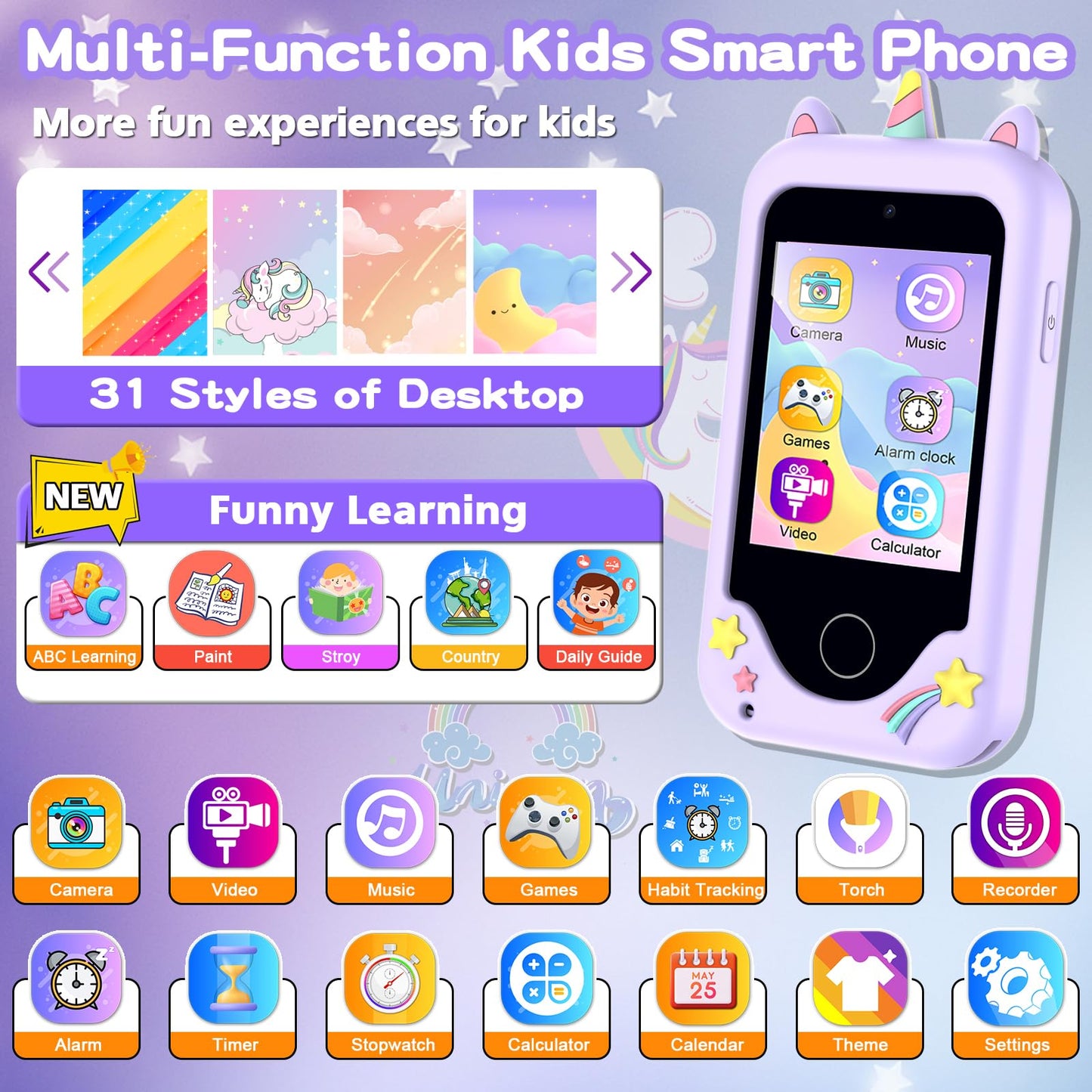 Luoba Kids Smart Phone Toy – 2.8-Inch Touchscreen, Dual Cameras, 8GB Card, Games & Music