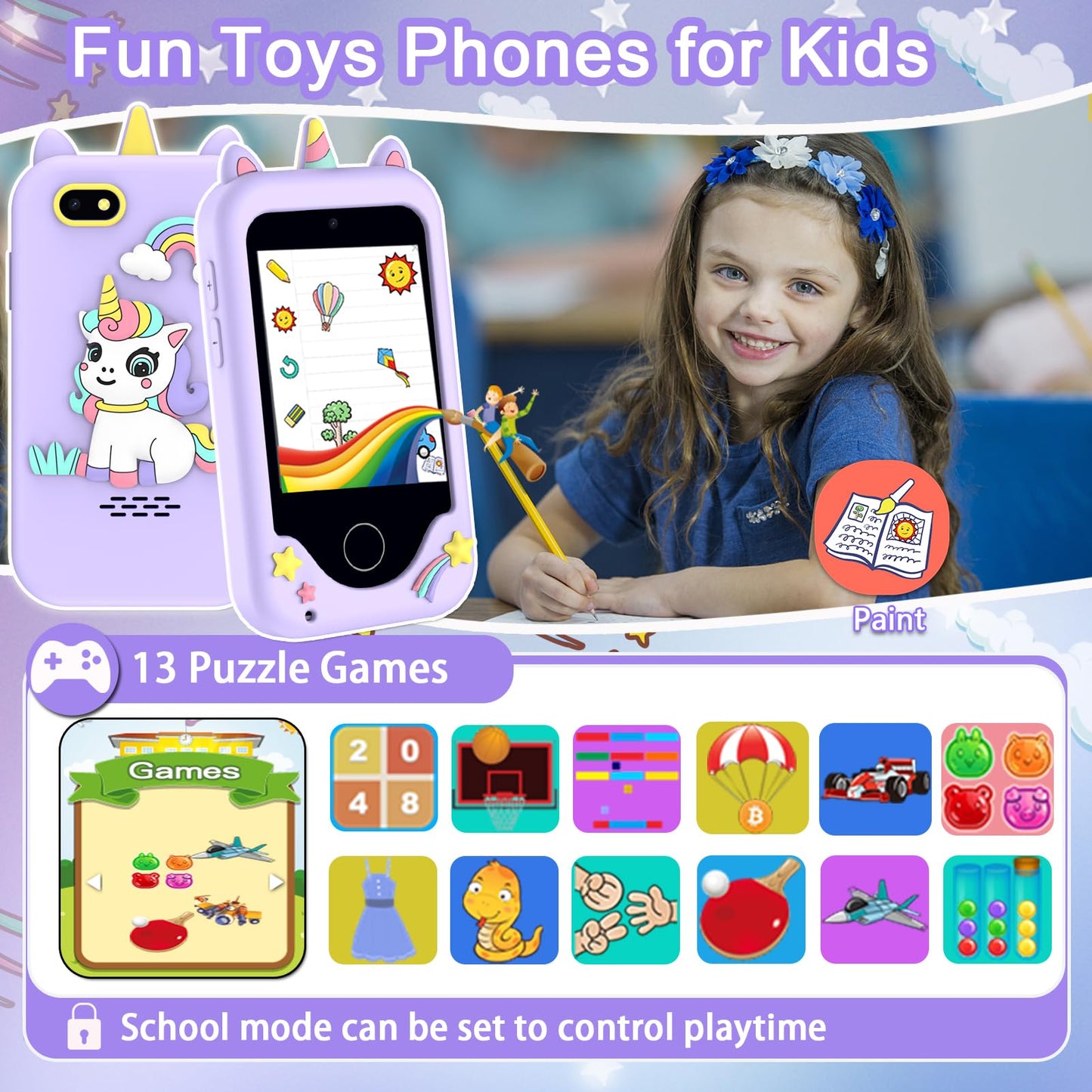 Luoba Kids Smart Phone Toy – 2.8-Inch Touchscreen, Dual Cameras, 8GB Card, Games & Music