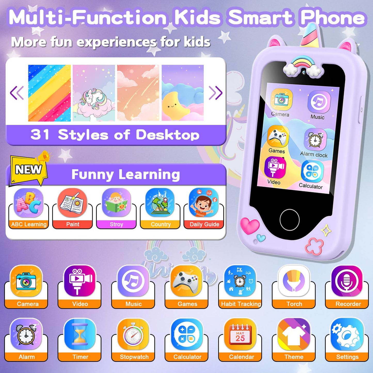 Luoba Kids Smart Phone for Girls – 2.8-inch Touchscreen Learning Toy with Dual Camera, 8GB, Gift for Ages 3–10