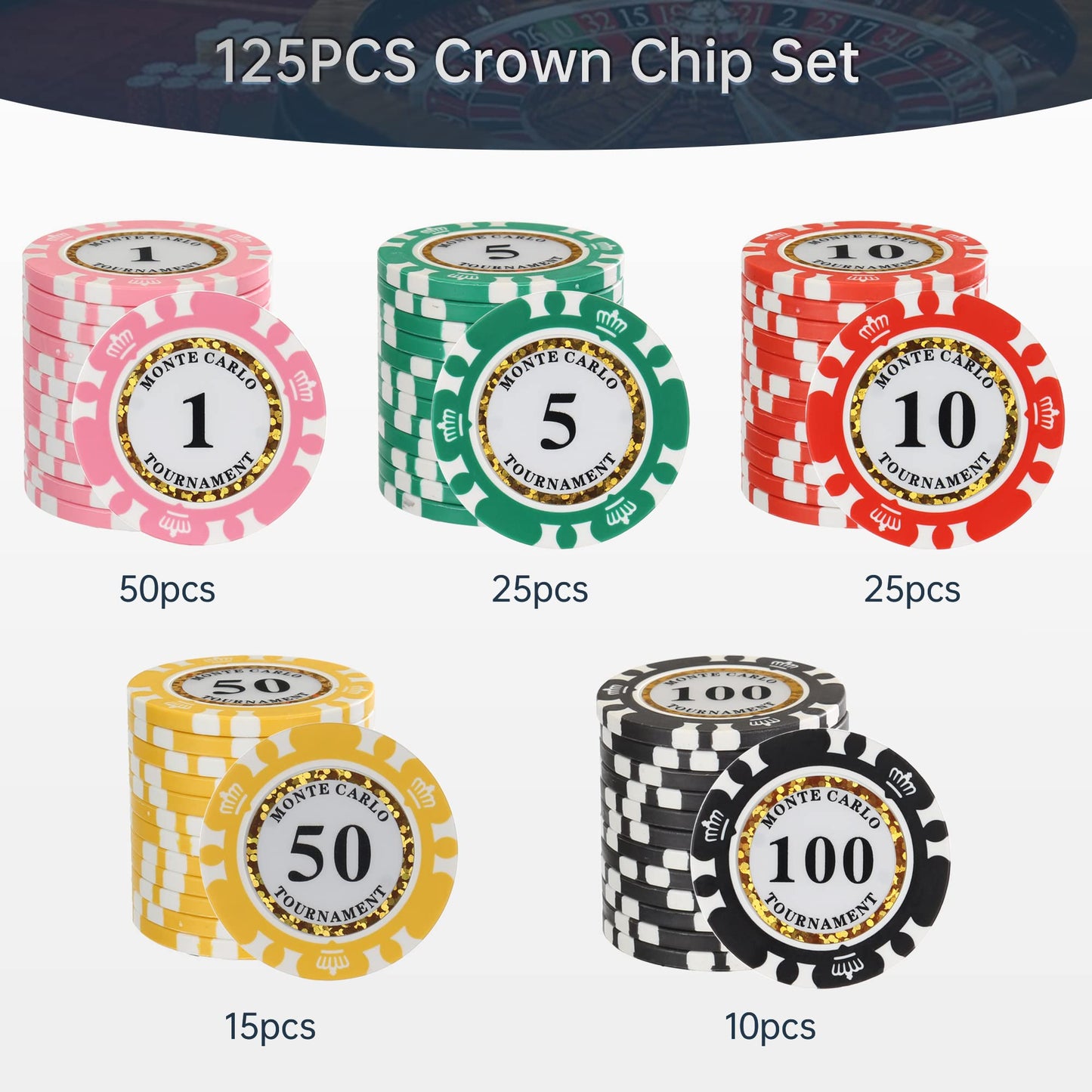 LUOBAO 125pcs Clay Poker Chips Set - 14g, 40mm, Monte Carlo European Design