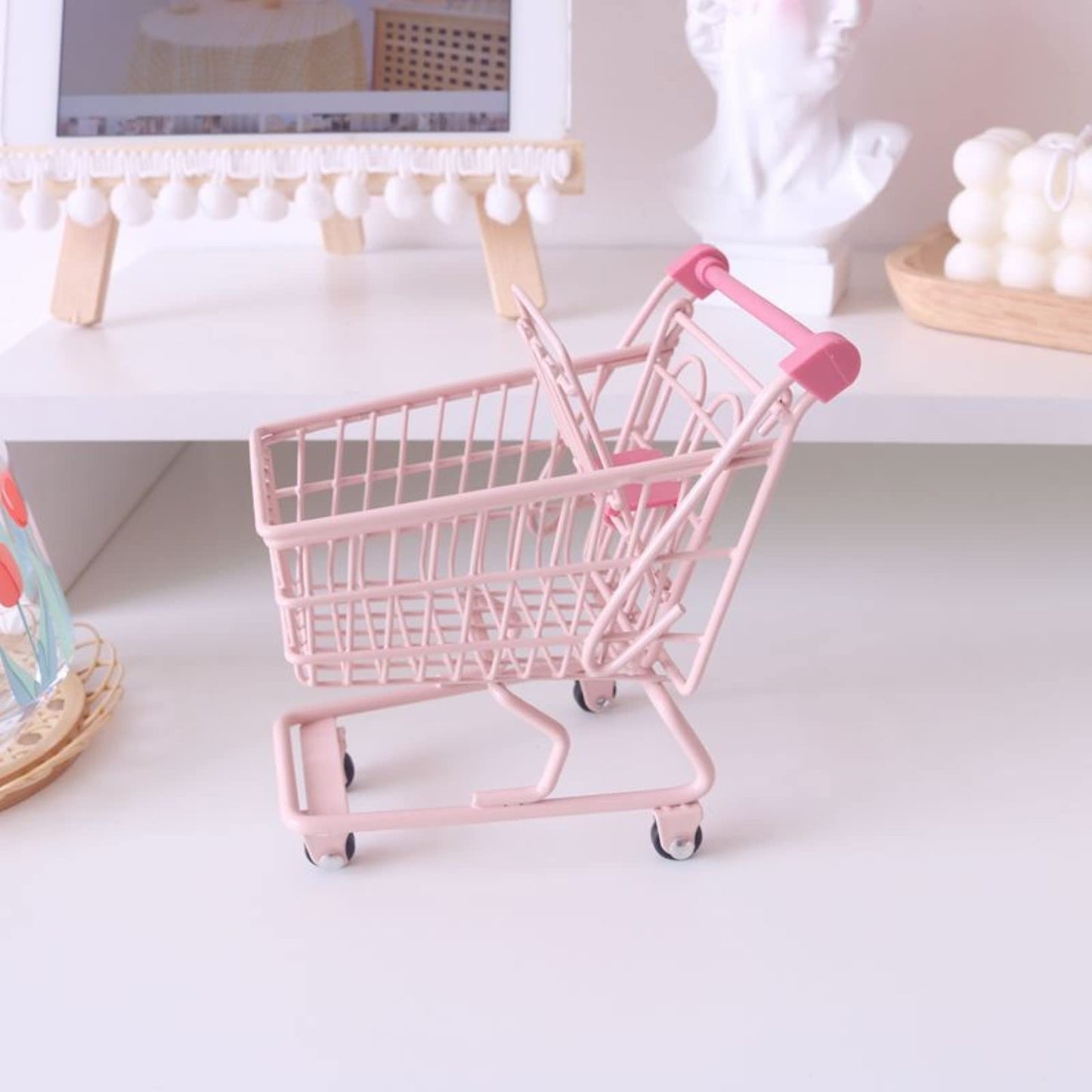 LUOZZY Mini Dollhouse Shopping Cart & Basket – Pink Pretend Play Grocery Cart for Kids (5.31×3.74×5.9 in)