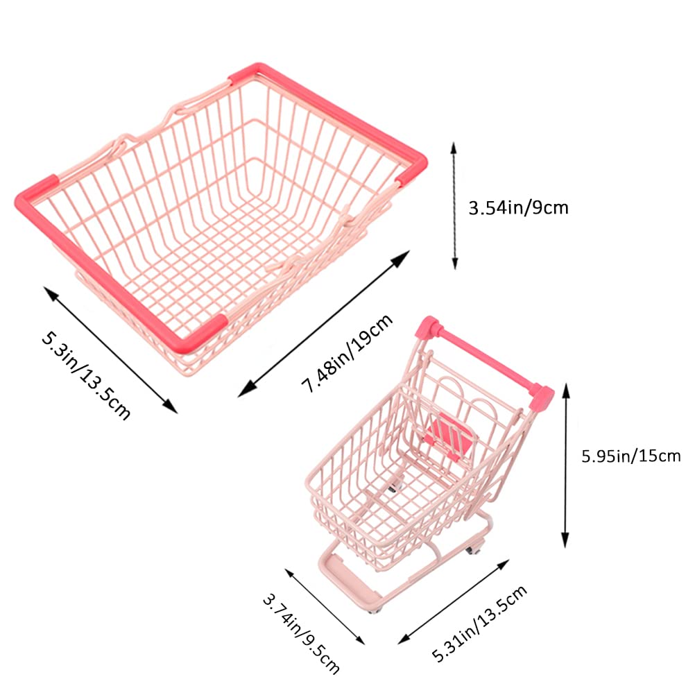 LUOZZY Mini Dollhouse Shopping Cart & Basket – Pink Pretend Play Grocery Cart for Kids (5.31×3.74×5.9 in)