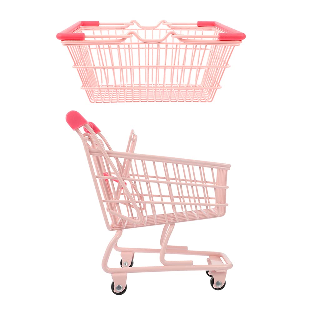 LUOZZY Mini Dollhouse Shopping Cart & Basket – Pink Pretend Play Grocery Cart for Kids (5.31×3.74×5.9 in)