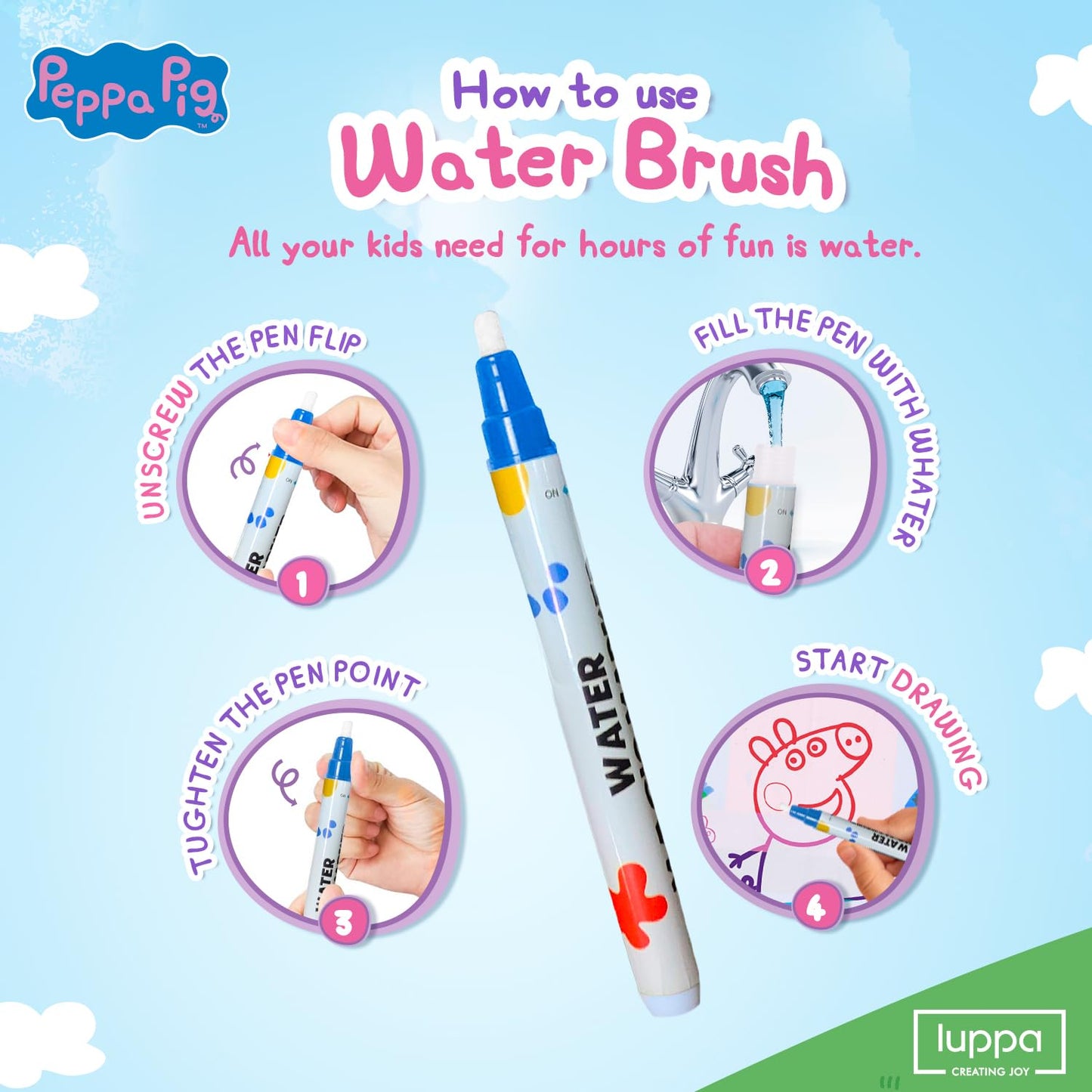 LUPPA Peppa Pig Water Doodle Mat (50x70 cm) – Reusable Mess-Free Drawing Board for Kids Aged 3+