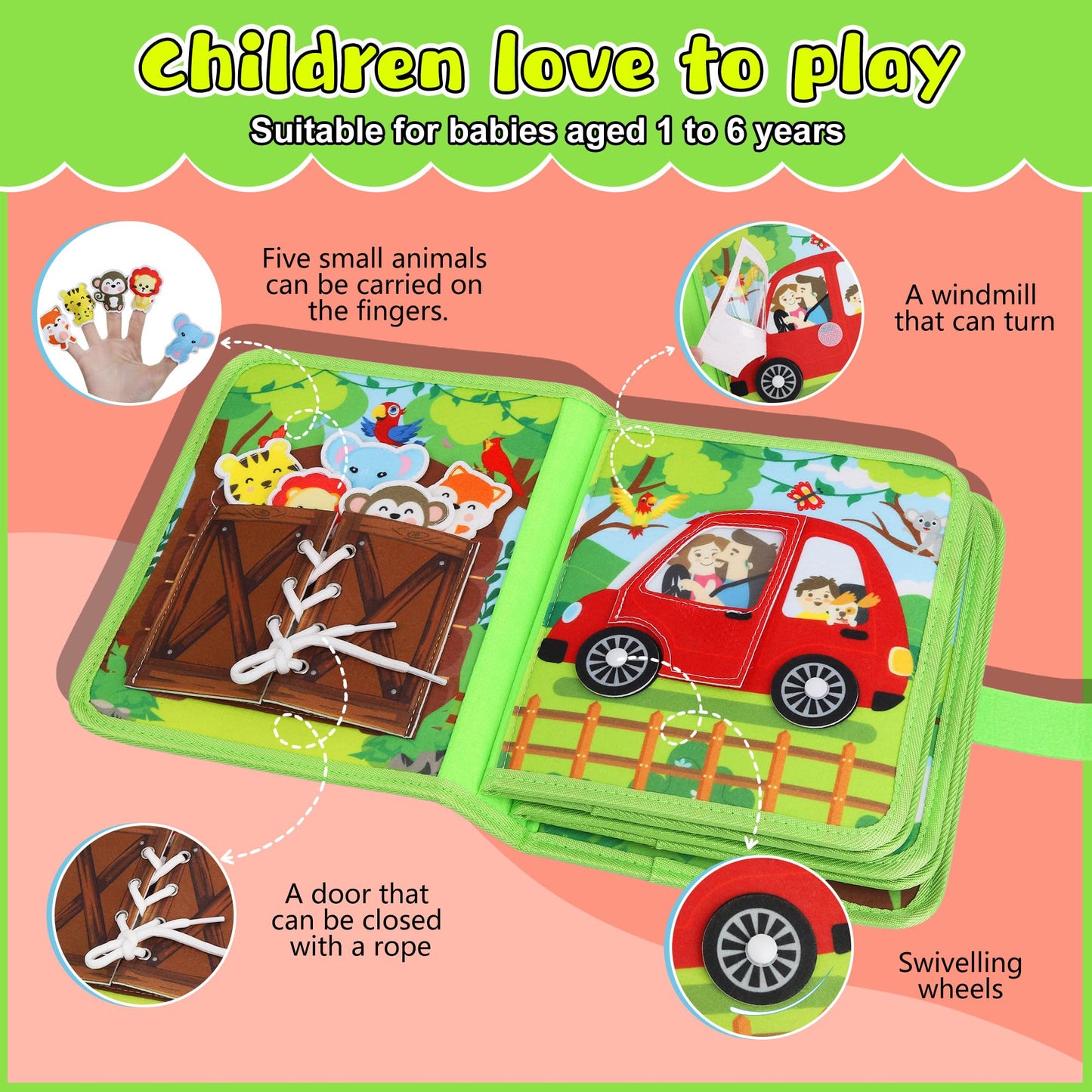 Lurui Busy Book for Toddlers 1-3 — Montessori 10-in-1 Farm Animal Activity Board