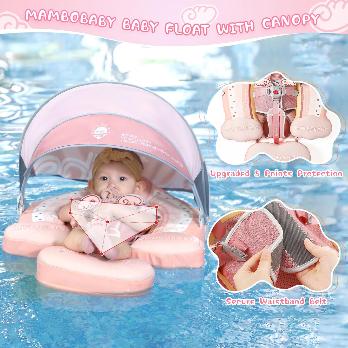 Lurui Mambobaby Baby Float with Canopy – Non-Inflatable Pool Float for 3–24 Months (Rainbow)