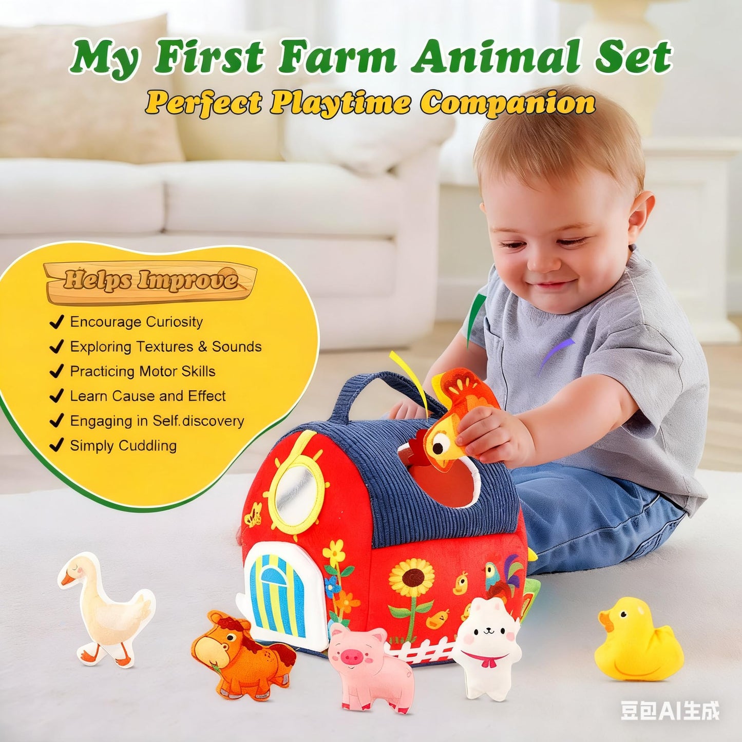 Lurui Baby Toys: Montessori Farm Set for 6-12 Months – Sensory Plush Barn & Animals