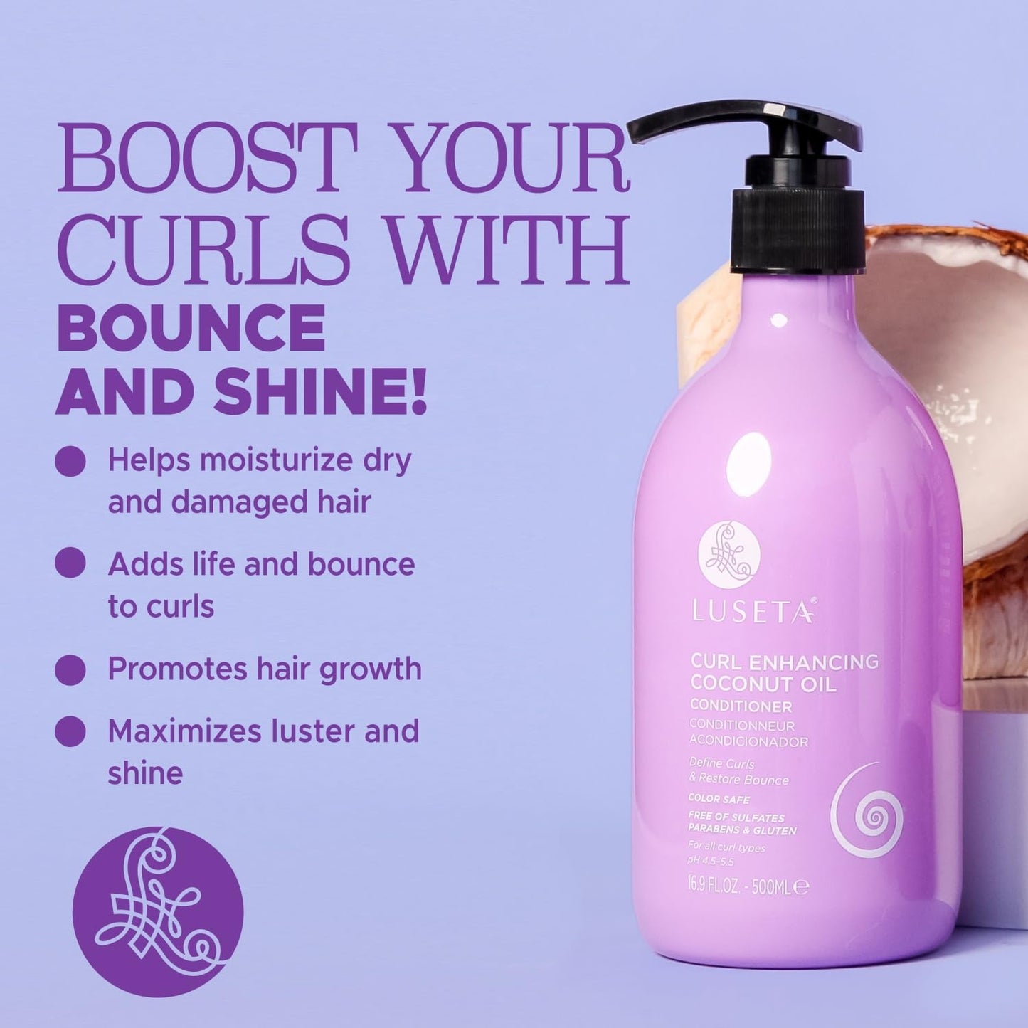 Luseta Curl Enhancing Conditioner – Coconut Oil for All Curl Types, Frizz Control, 16.9 oz