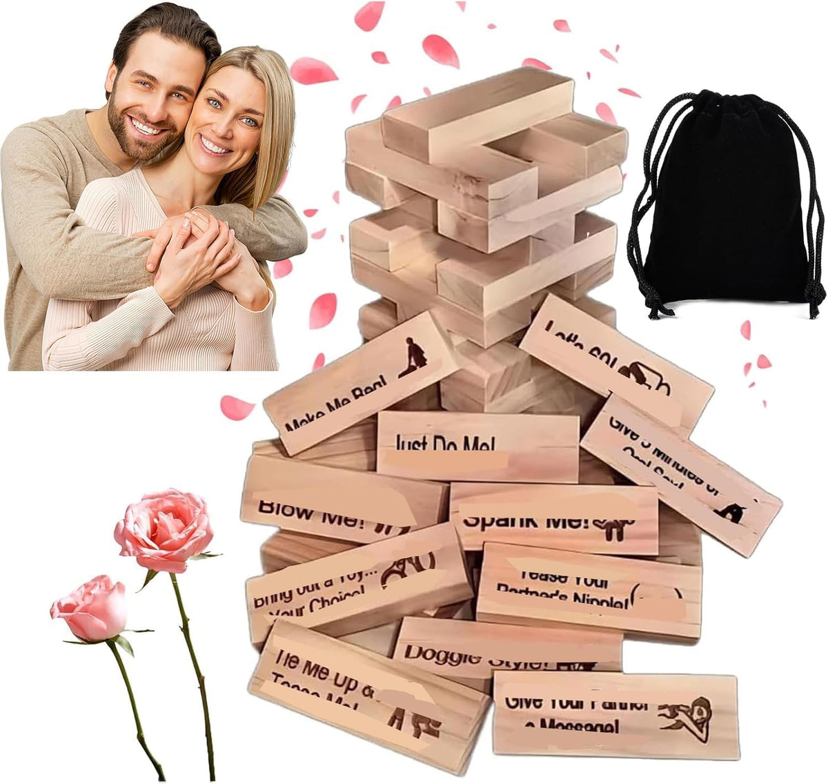 Lust Tower 48-Piece Naughty Block Tower Game for Date Night | Romantic Stacking Blocks