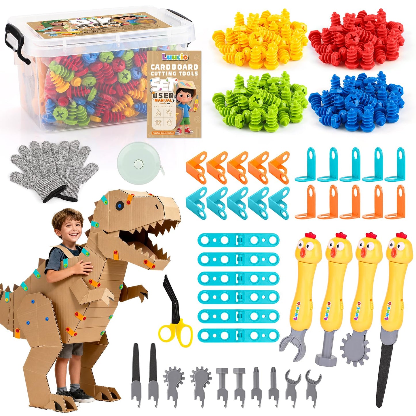 Luucio 196 PC Cardboard Cutter Kit for Kids — Safe, Reusable DIY Tools with Box, Gloves & More