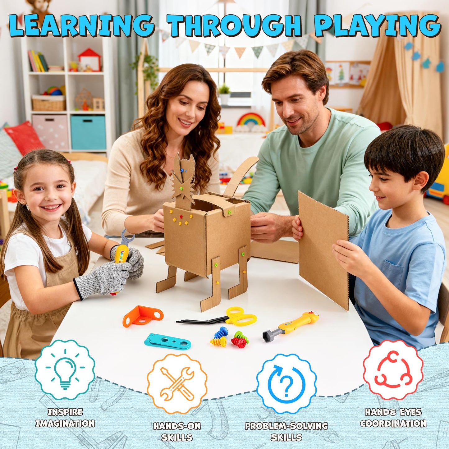Luucio 196 PC Cardboard Cutter Kit for Kids — Safe, Reusable DIY Tools with Box, Gloves & More