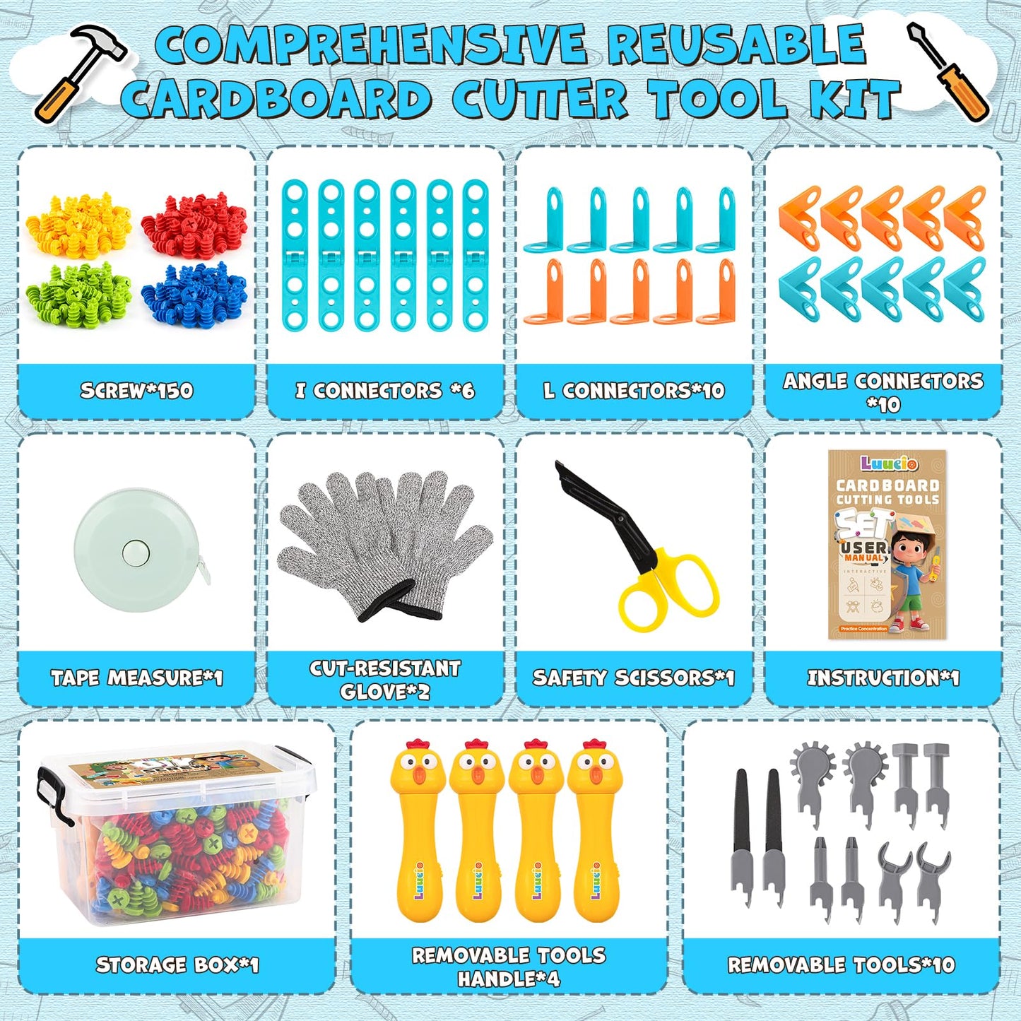 Luucio 196 PC Cardboard Cutter Kit for Kids — Safe, Reusable DIY Tools with Box, Gloves & More