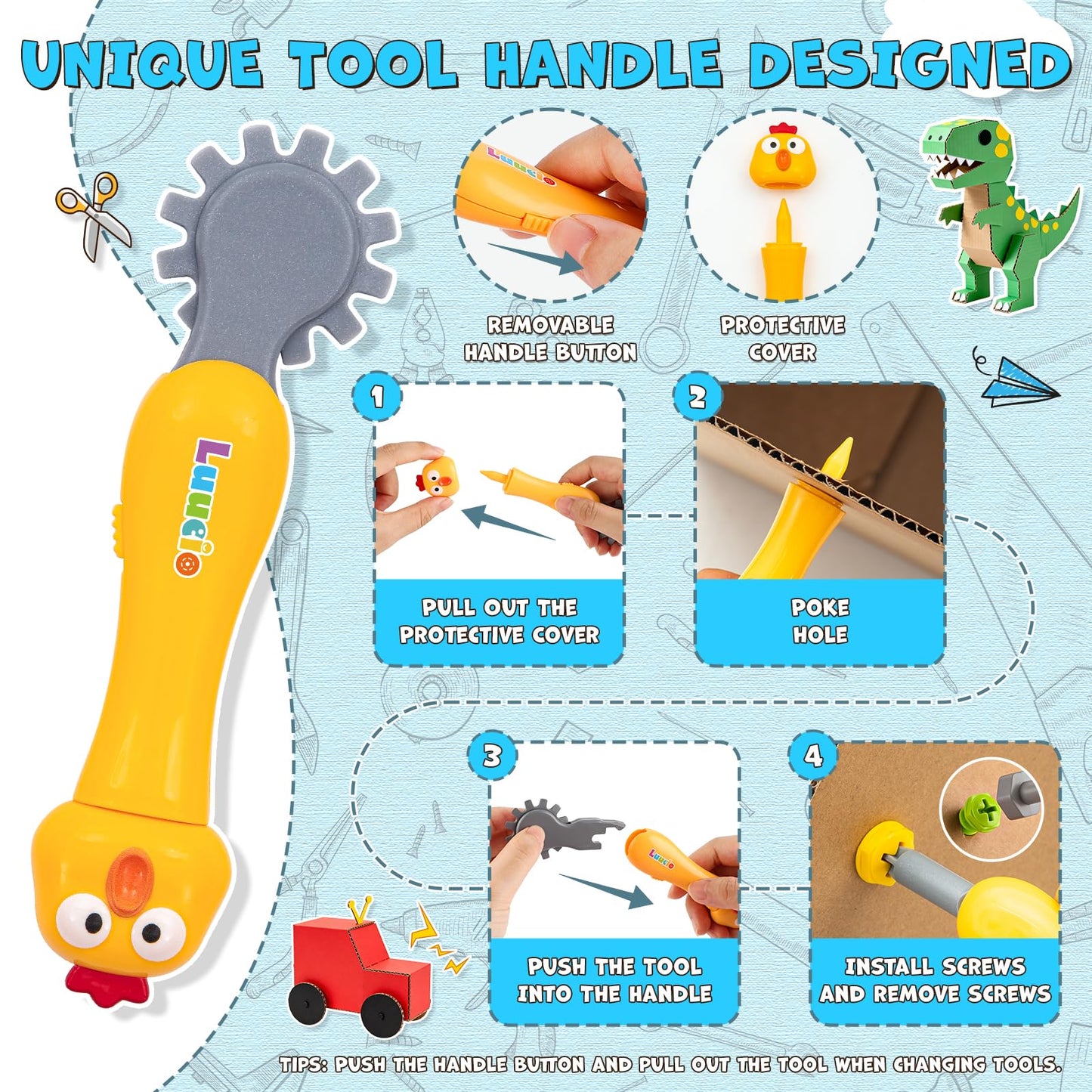 Luucio 196 PC Cardboard Cutter Kit for Kids — Safe, Reusable DIY Tools with Box, Gloves & More