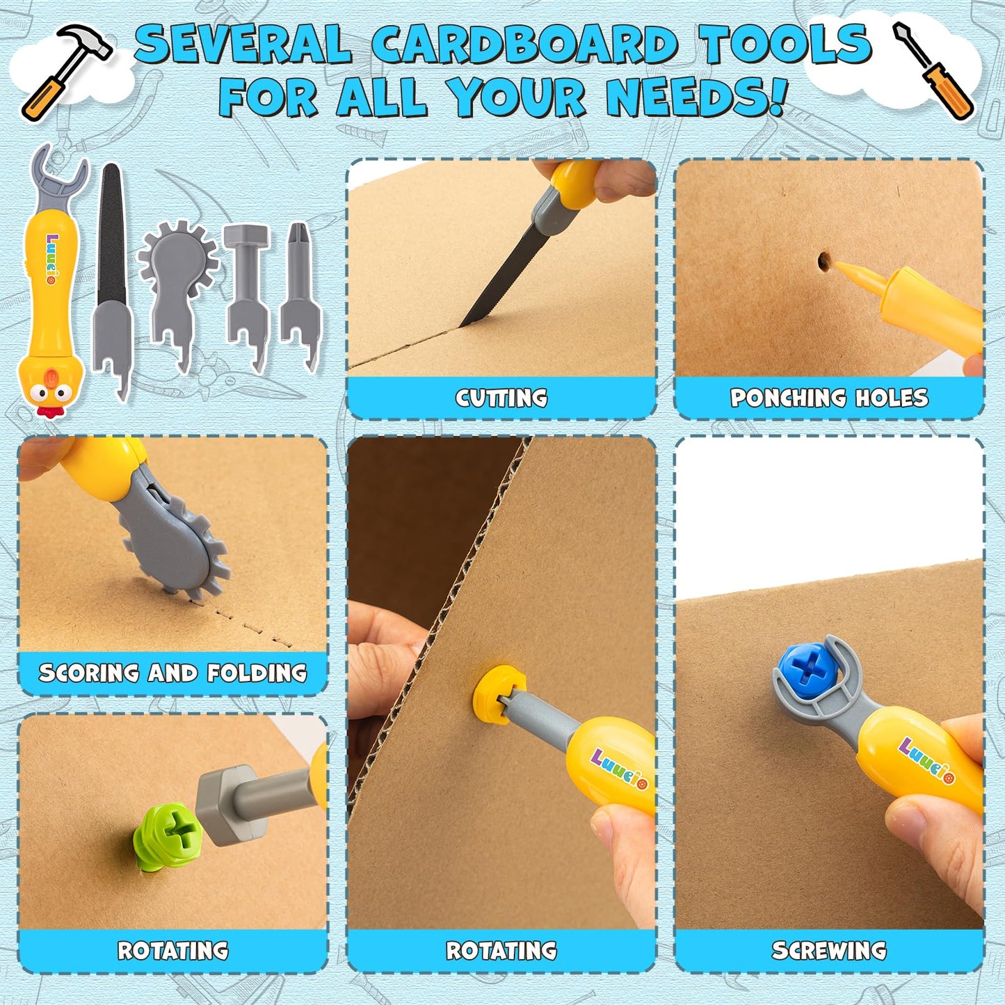Luucio 196 PC Cardboard Cutter Kit for Kids — Safe, Reusable DIY Tools with Box, Gloves & More