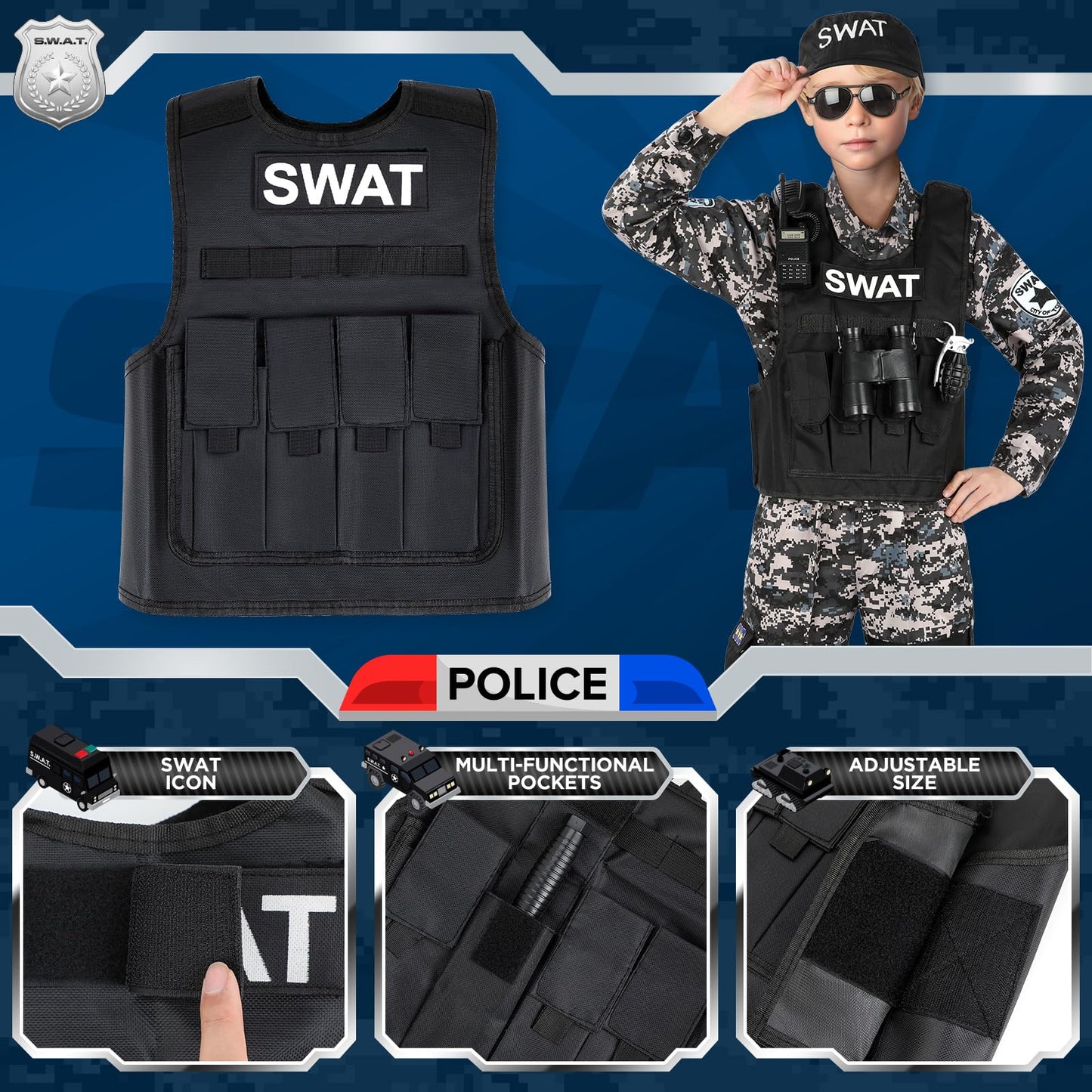Luucio SWAT Police Costume for Kids – Realistic Gear for Boys 3-12 | Halloween Dress-Up
