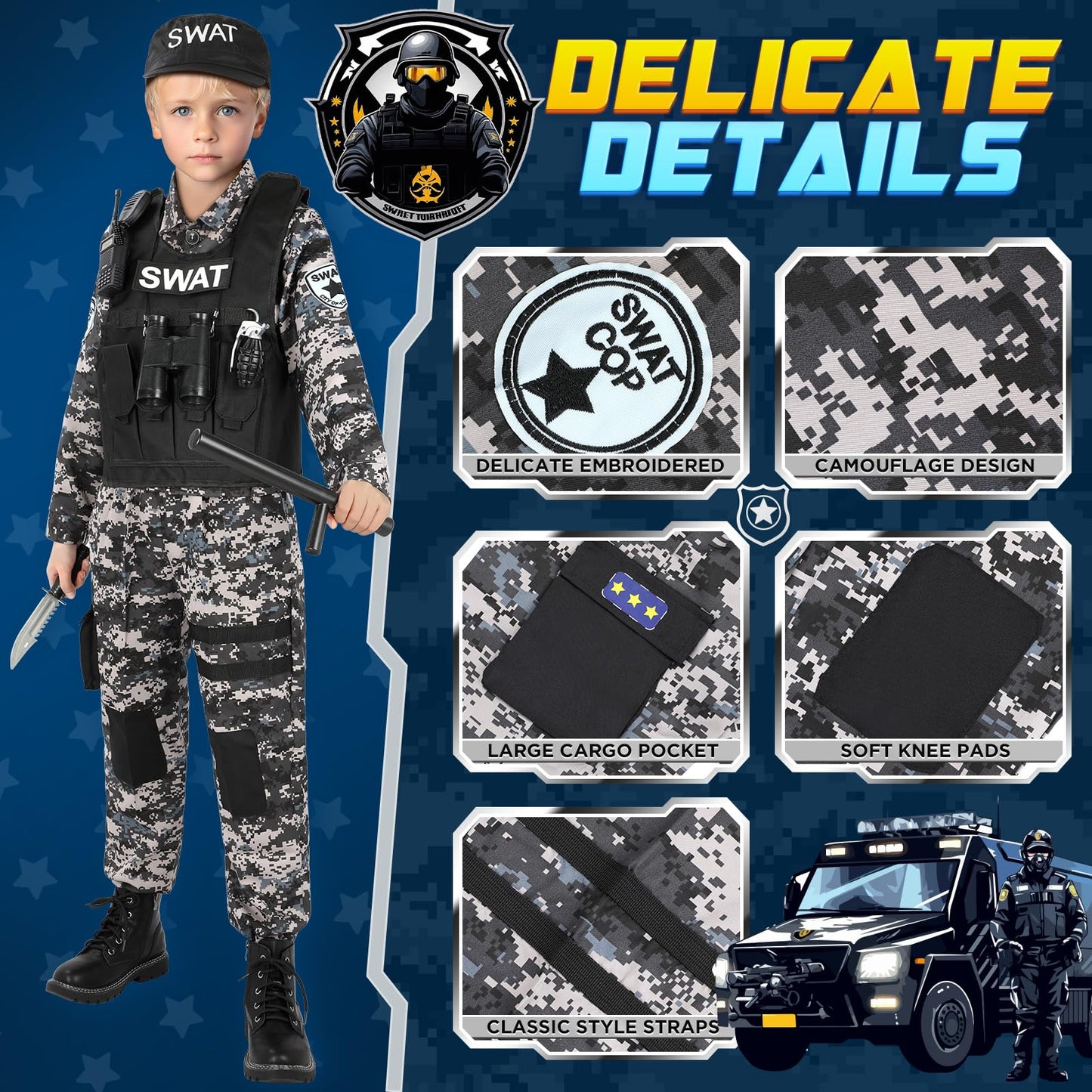 Luucio SWAT Police Costume for Kids – Realistic Gear for Boys 3-12 | Halloween Dress-Up