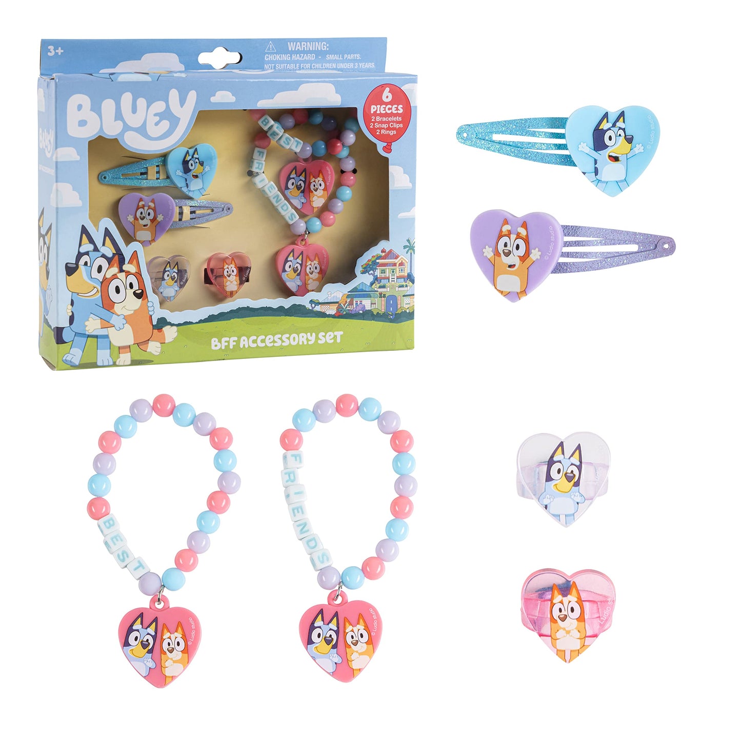 LUV HER Bluey Girls BFF 6-Piece Toy Jewelry Box Set | Rings, Bead Bracelets & Hair Clips