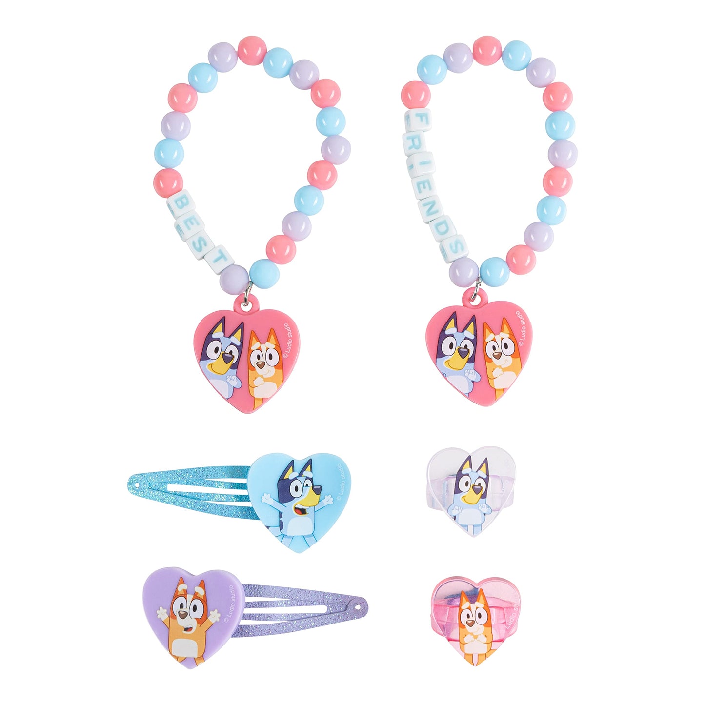 LUV HER Bluey Girls BFF 6-Piece Toy Jewelry Box Set | Rings, Bead Bracelets & Hair Clips