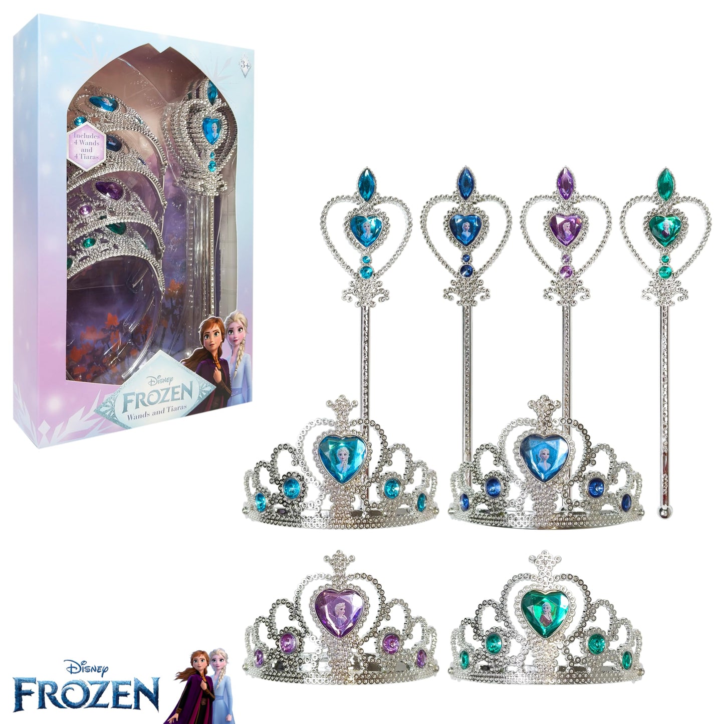 LUV HER Frozen-Themed Princess Crown & Wand Set – 8 Pack (4 Tiaras, 4 Wands) ICY Blue & Silver