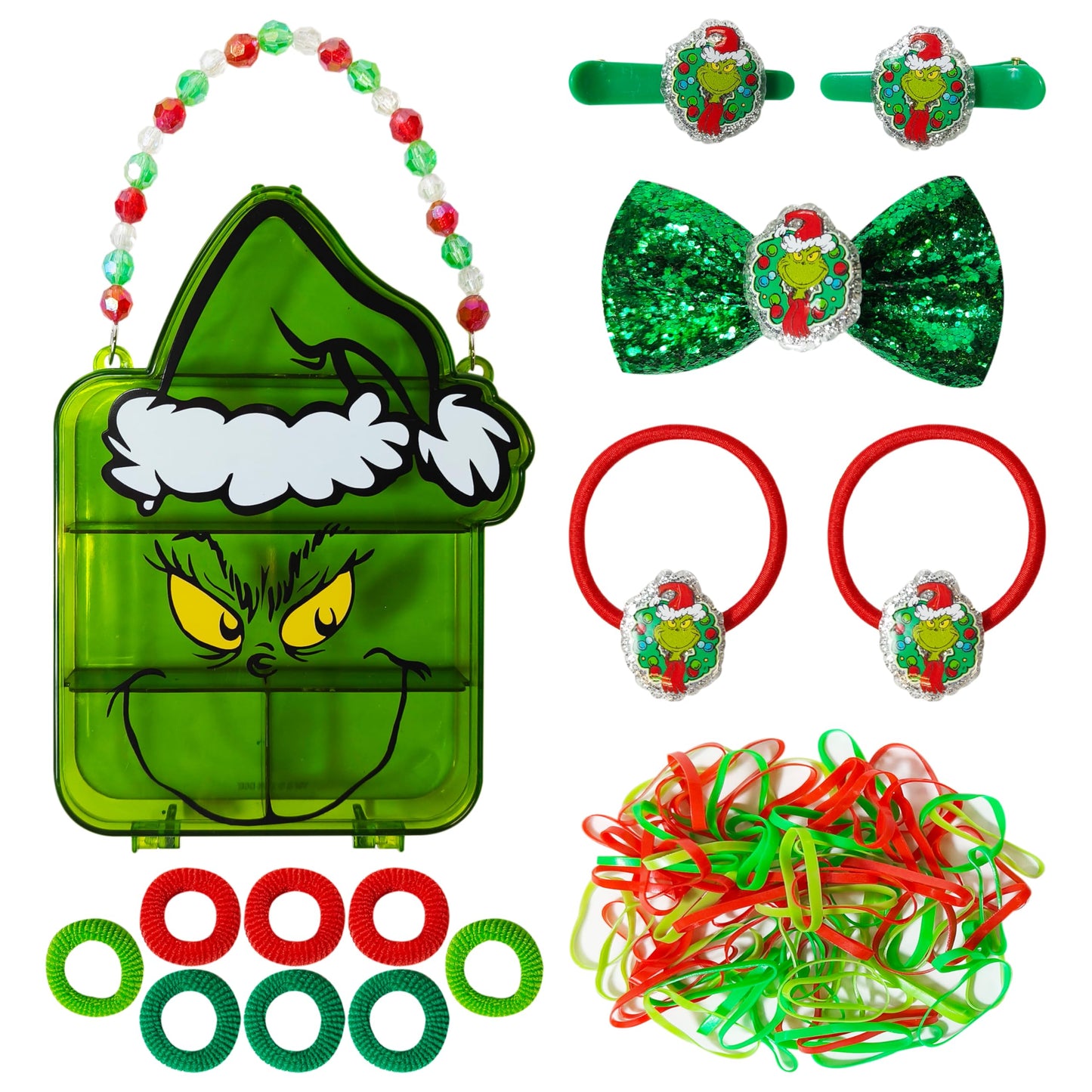 LUV HER Grinch Hair Accessories Gift Set - Licensed Case, Clips, Bow for Girls