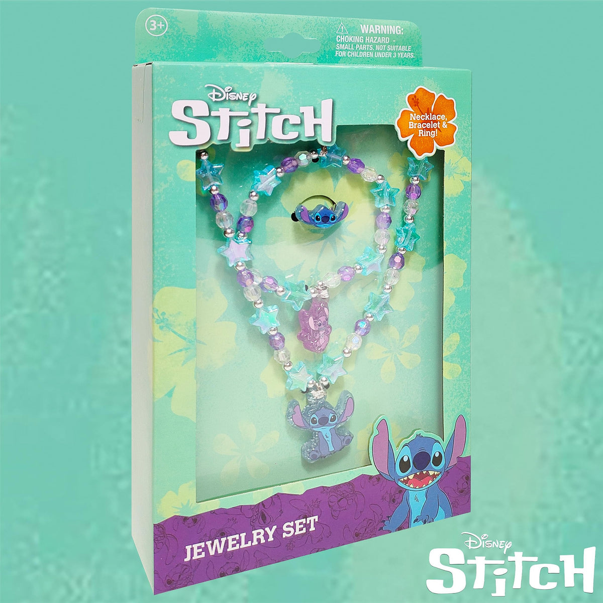LUV HER Stitch Play Jewelry Set – 3-Piece Princess Beaded Necklace, Bracelet & Ring