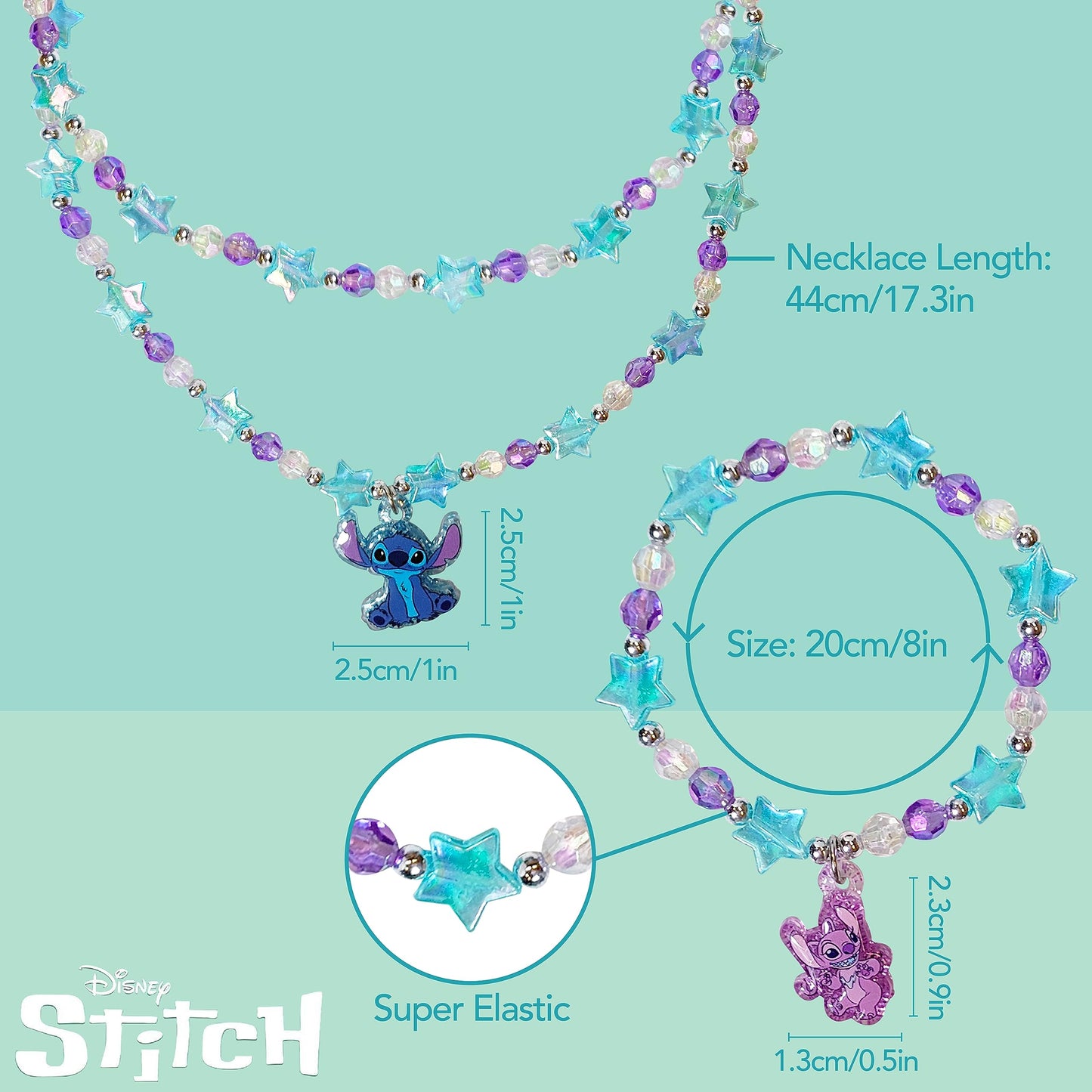 LUV HER Stitch Play Jewelry Set – 3-Piece Princess Beaded Necklace, Bracelet & Ring