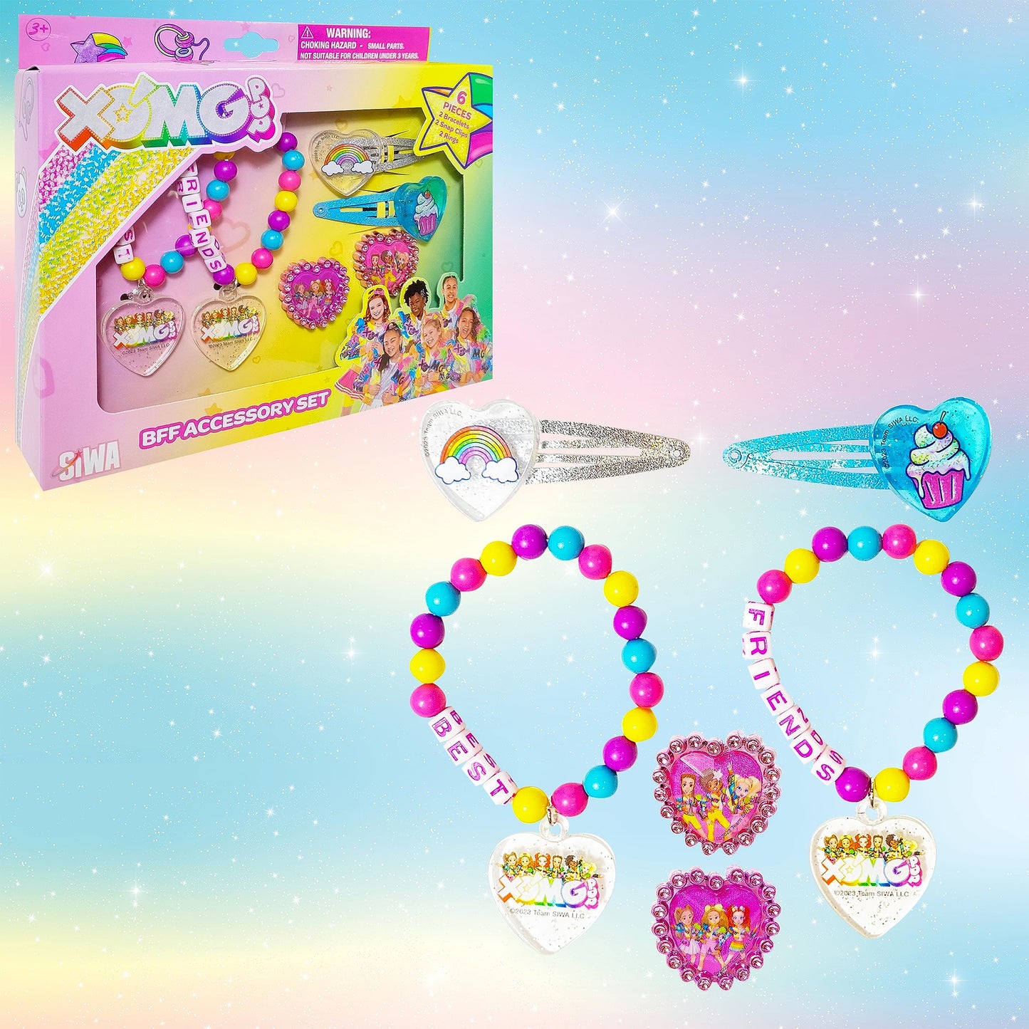 LUV HER XOMG POP Girls BFF 6-Piece Jewelry Box Set | Rings, Bead Bracelets & Snap Hair Clips Ages 3+