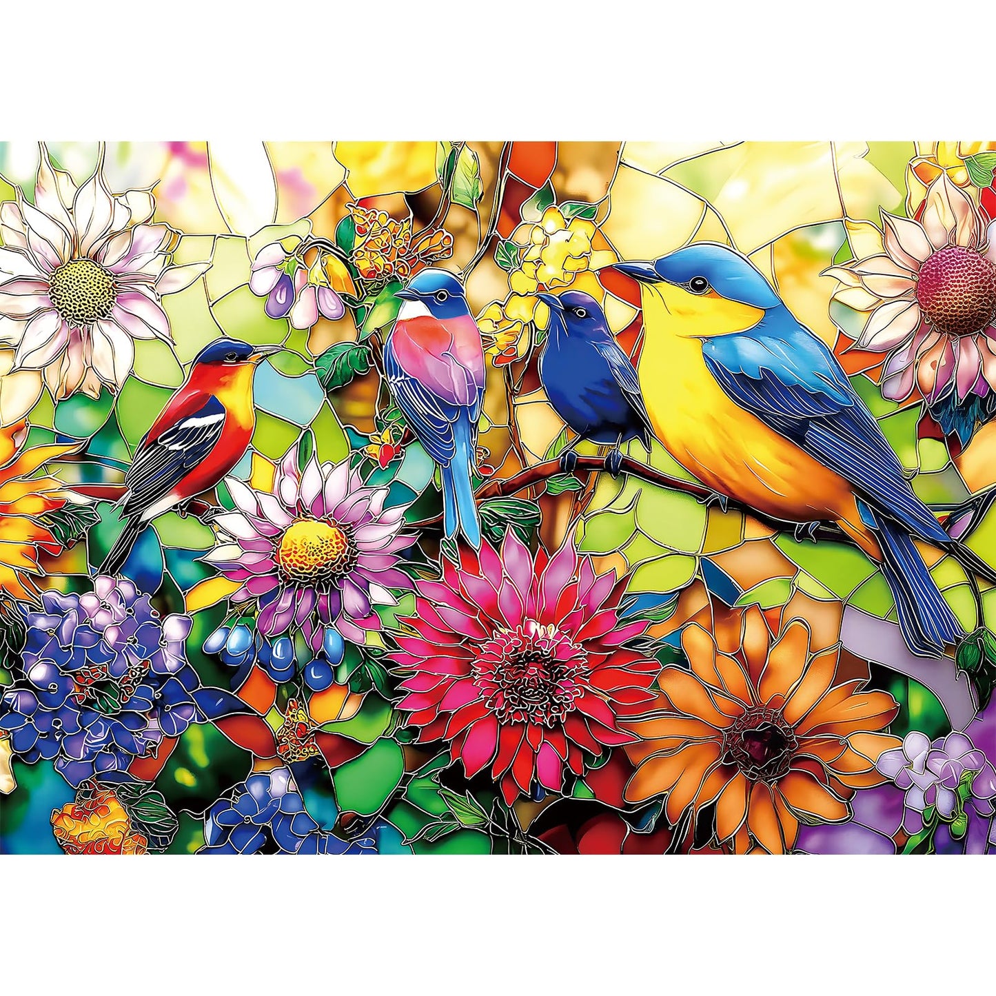 Luxdivina 1000-Piece Jigsaw Puzzle: Birds & Flowers Stained-Glass Mosaic for Adults