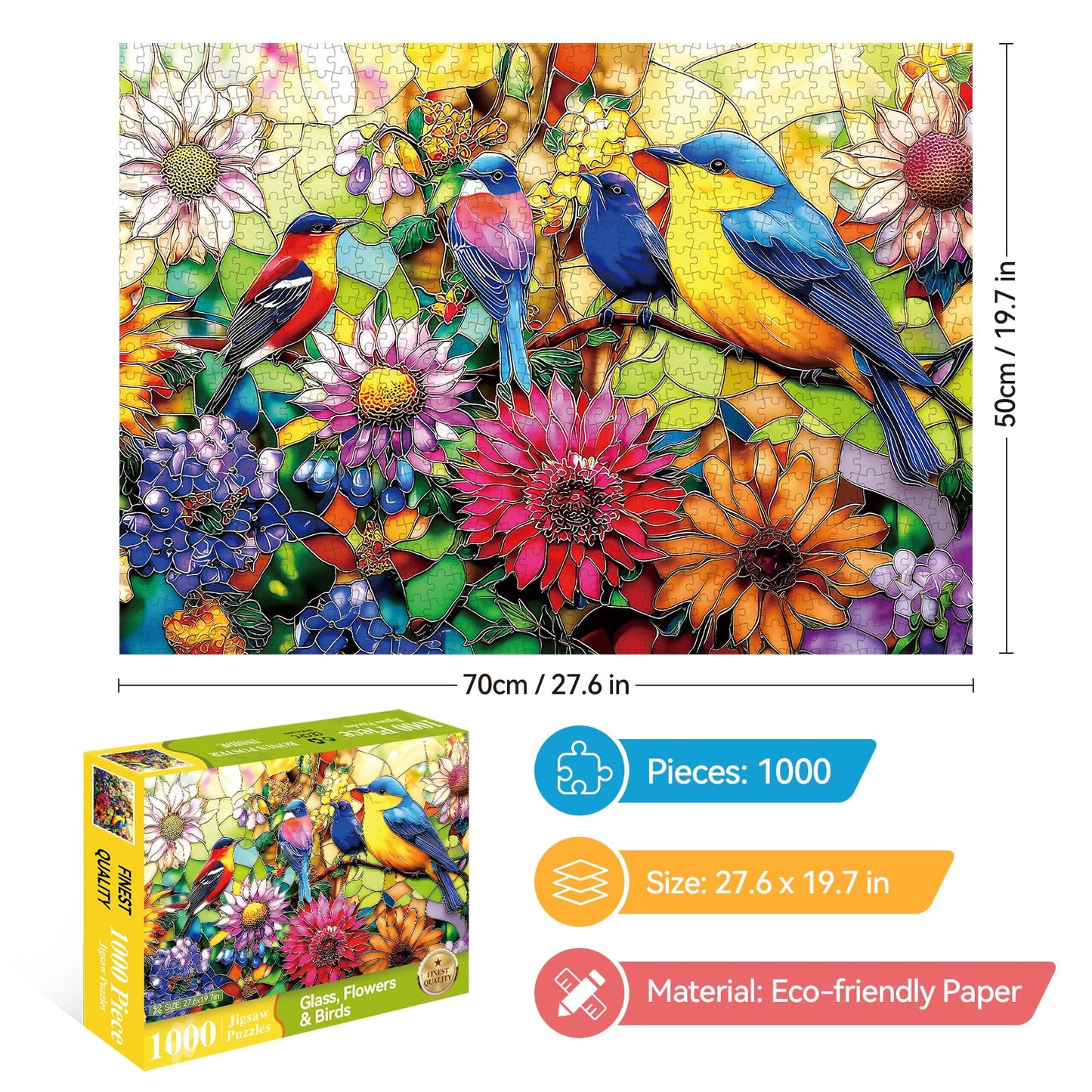 Luxdivina 1000-Piece Jigsaw Puzzle: Birds & Flowers Stained-Glass Mosaic for Adults
