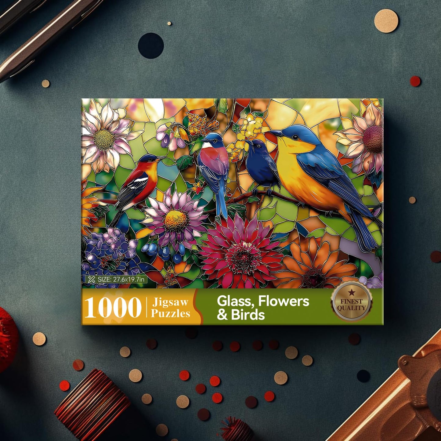 Luxdivina 1000-Piece Jigsaw Puzzle: Birds & Flowers Stained-Glass Mosaic for Adults