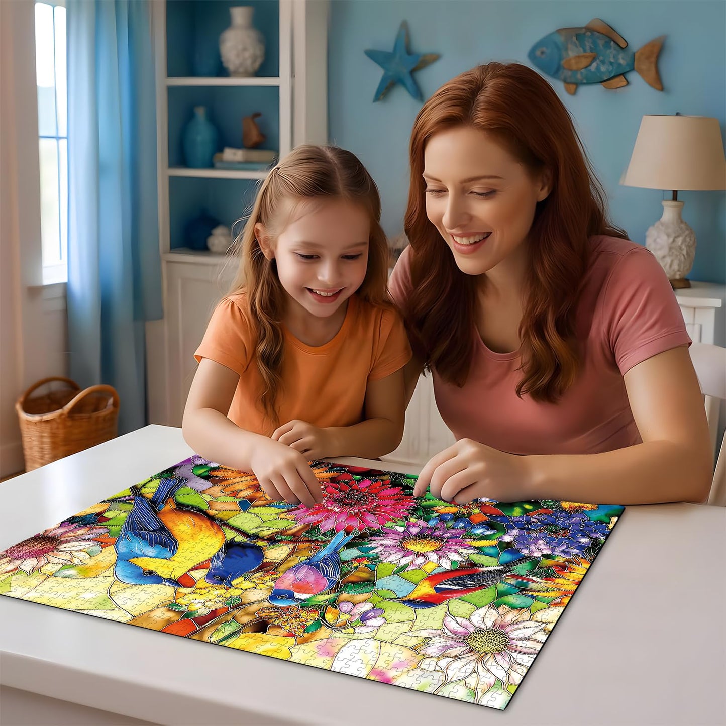 Luxdivina 1000-Piece Jigsaw Puzzle: Birds & Flowers Stained-Glass Mosaic for Adults