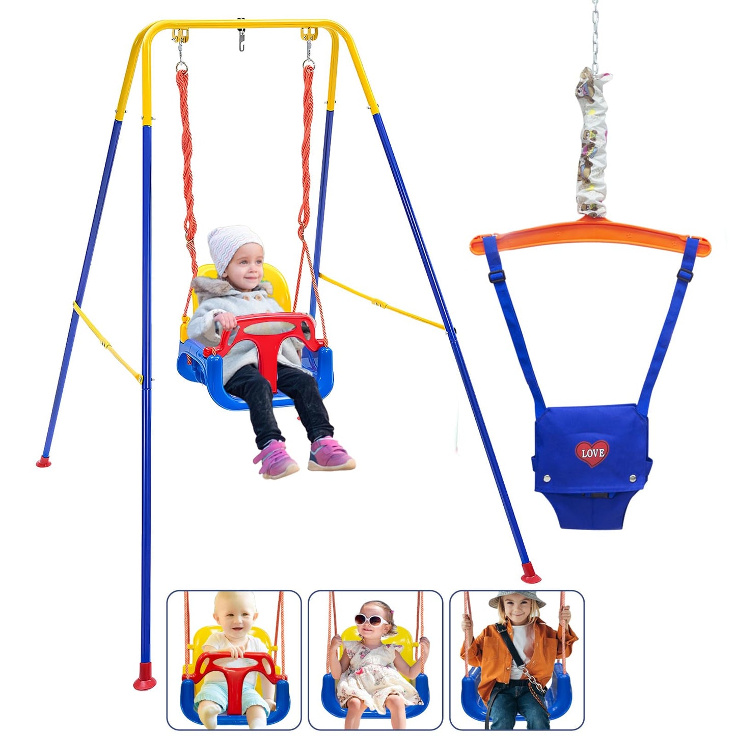 Luxdsgn 3-in-1 Toddler Swing Set — Indoor/Outdoor, Foldable Stand, Ages 6 Months to 10 Years