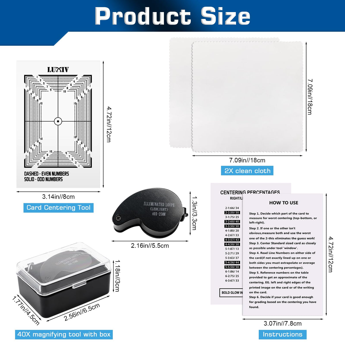 Luxiv Card Grading Centering Tool Kit — 30X Magnifier, Right-Angle Guide, 2 Soft Cloths