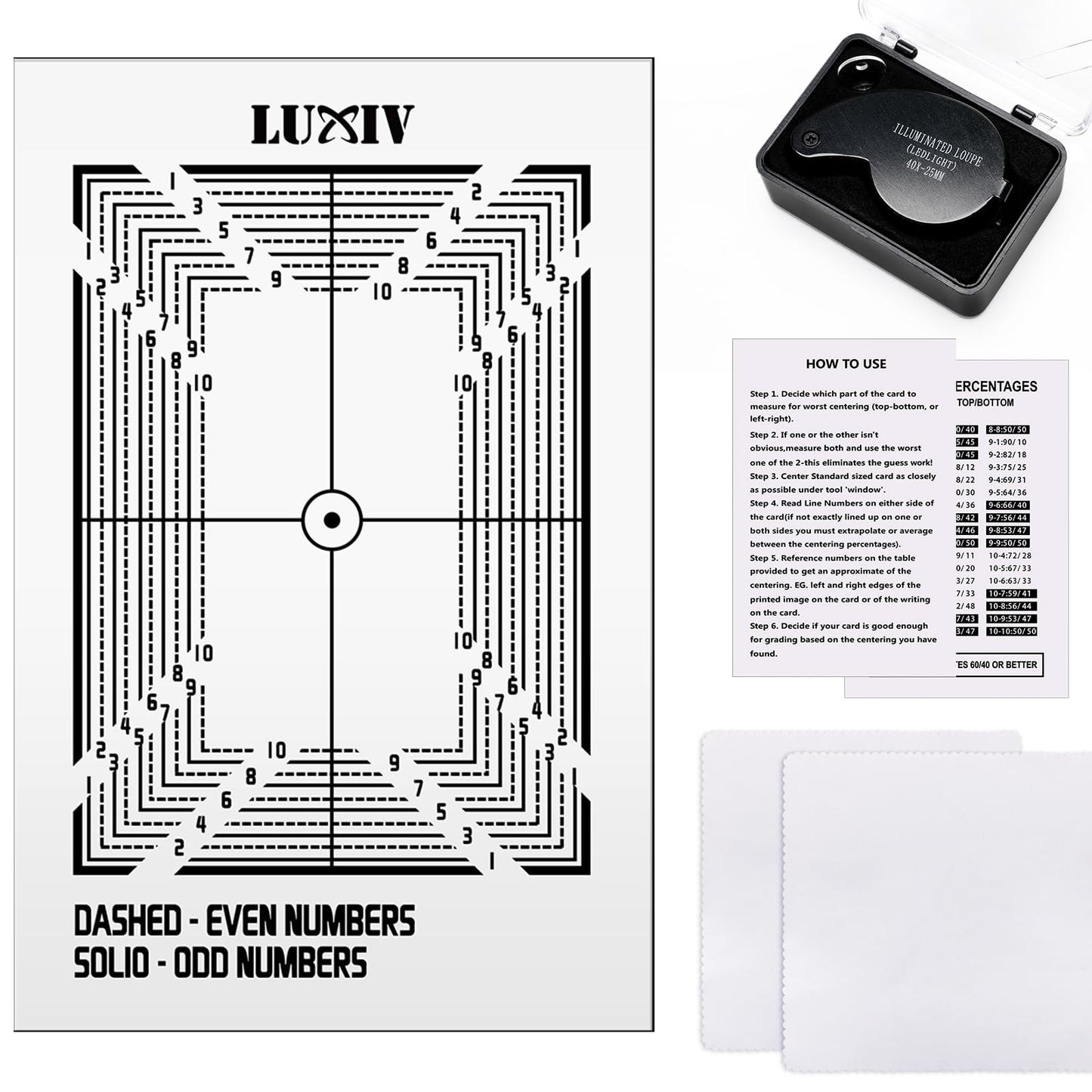 Luxiv Card Grading Centering Tool Kit — 30X Magnifier, Right-Angle Guide, 2 Soft Cloths