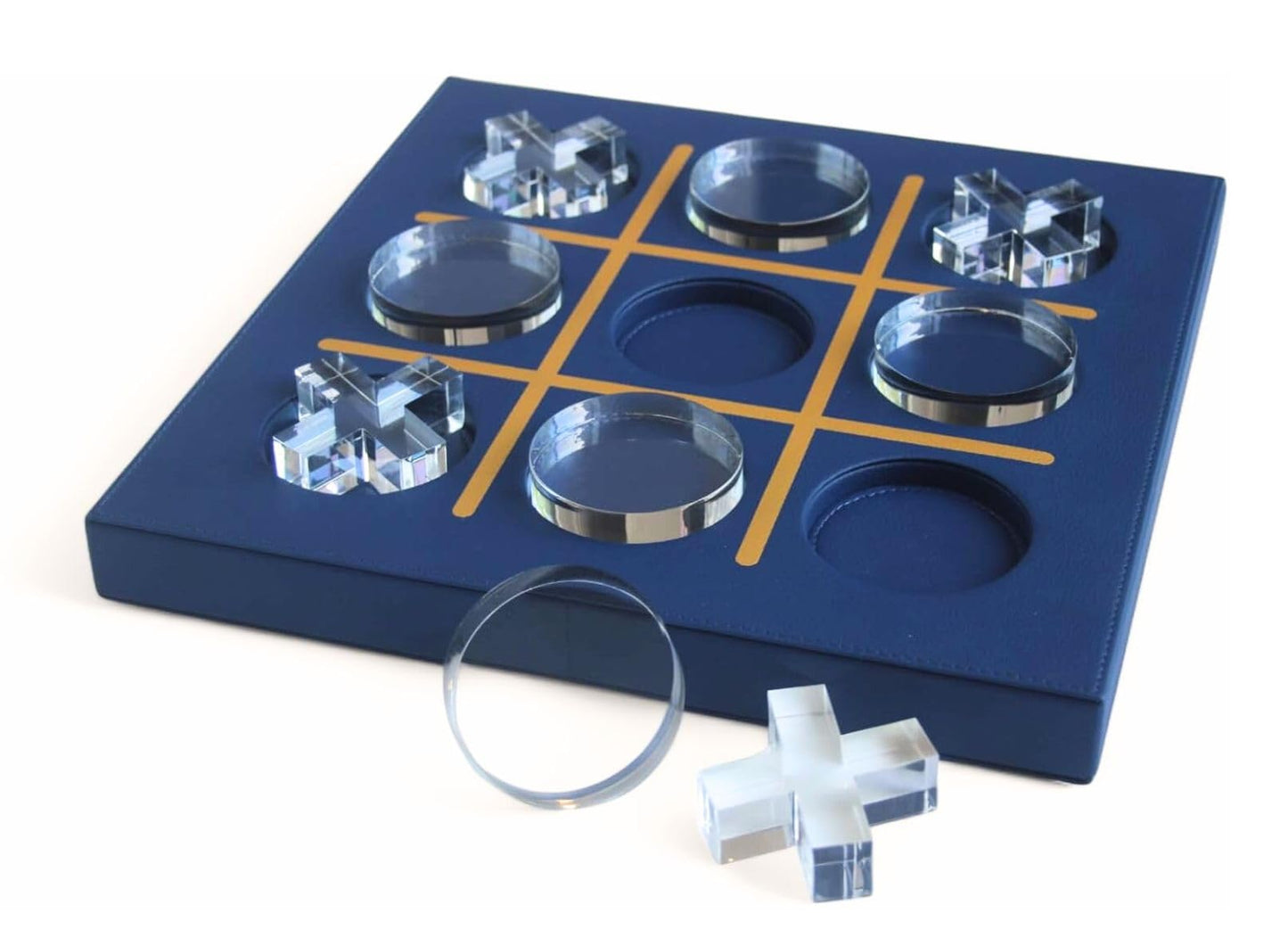 LuxLand Home Modern Tic Tac Toe — Blue Leather & Acrylic Pieces | Decorative Tabletop Game