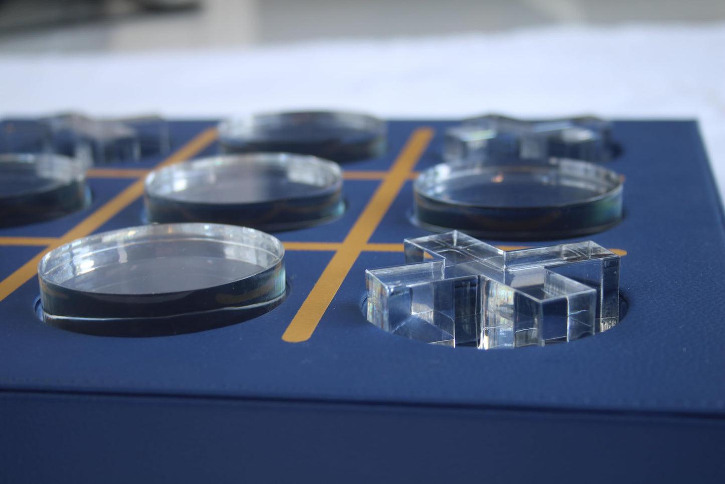 LuxLand Home Modern Tic Tac Toe — Blue Leather & Acrylic Pieces | Decorative Tabletop Game