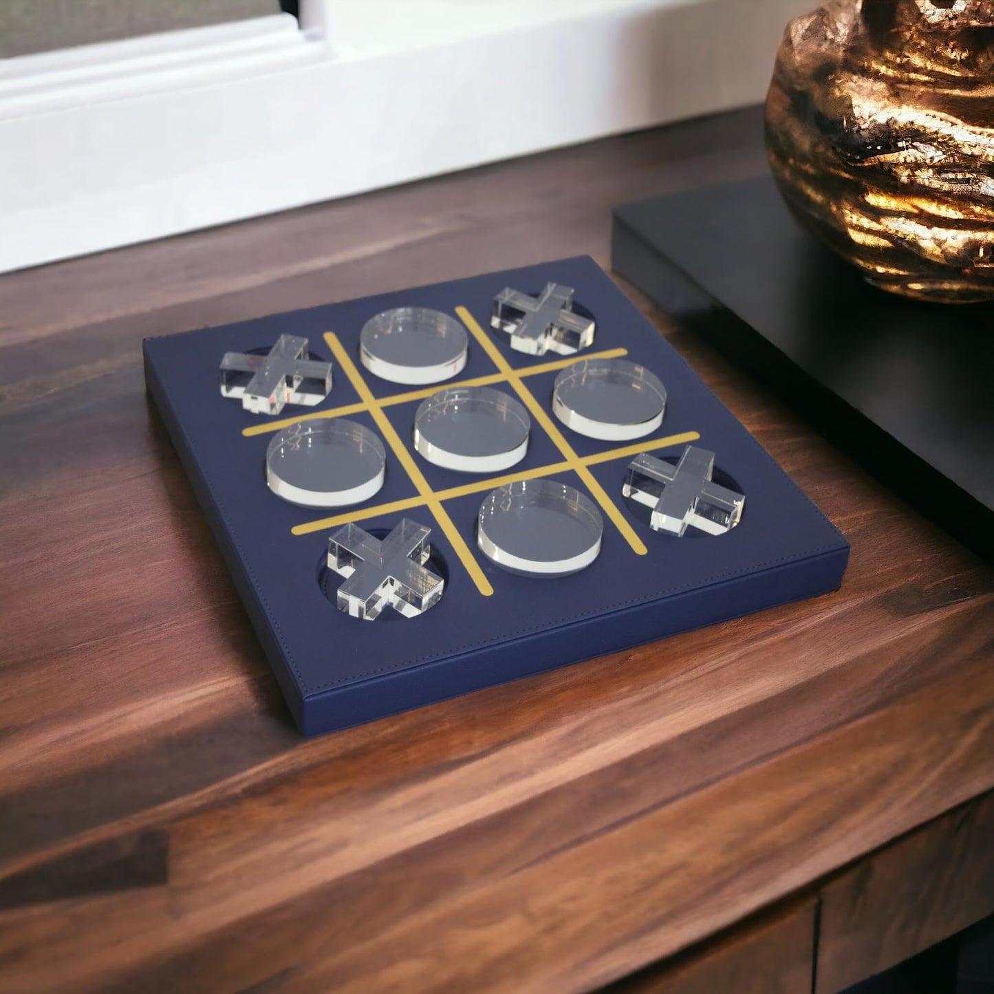 LuxLand Home Modern Tic Tac Toe — Blue Leather & Acrylic Pieces | Decorative Tabletop Game
