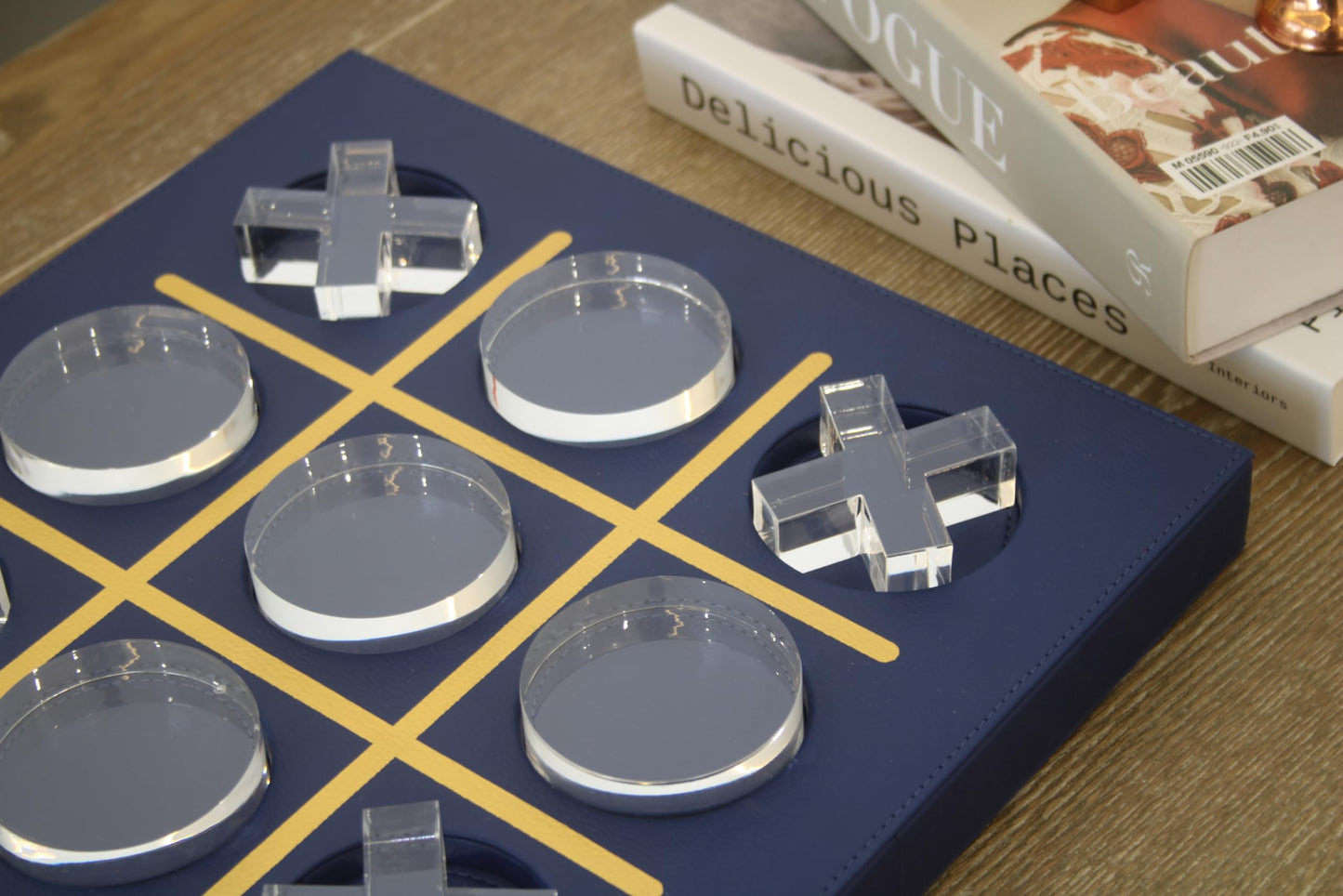 LuxLand Home Modern Tic Tac Toe — Blue Leather & Acrylic Pieces | Decorative Tabletop Game