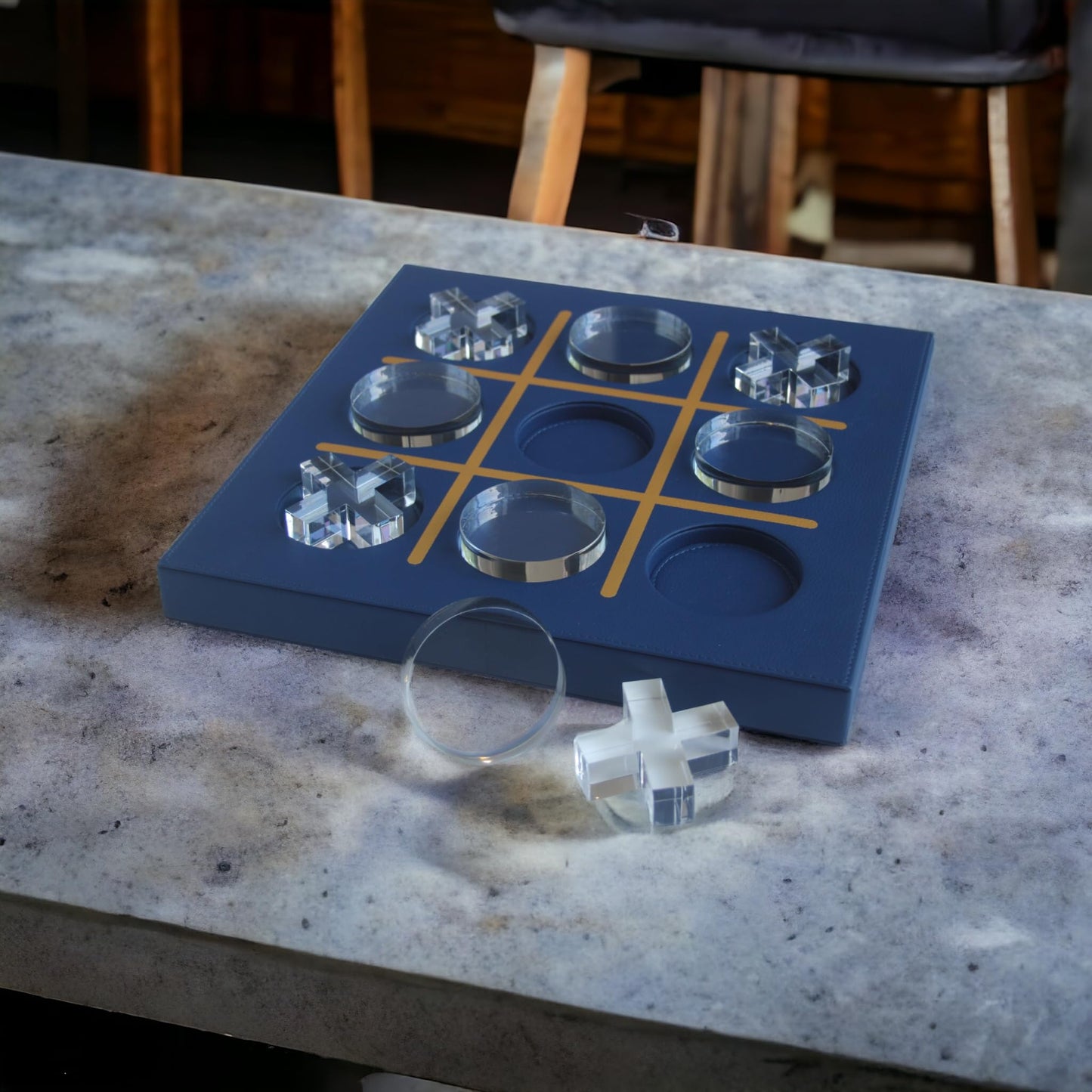 LuxLand Home Modern Tic Tac Toe — Blue Leather & Acrylic Pieces | Decorative Tabletop Game